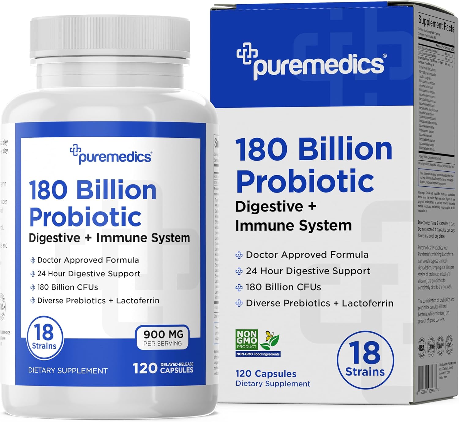 Probiotics for Immune, Digestive & Gut Health - 180 Billion CFU, 18 Strains + Lactoferrin & Prebiotics - 120ct - Women & Men