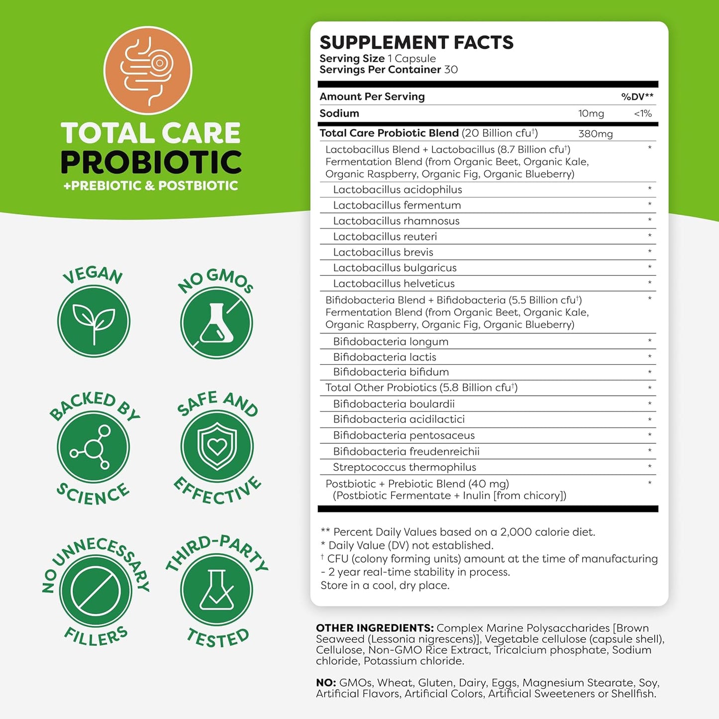 Probulin Total Care Probiotic Supplement for Daily Gut, Digestive, and Immune Health - 20 Billion CFU Capsules for Men and Women, Vegan - 30 Count Bottle