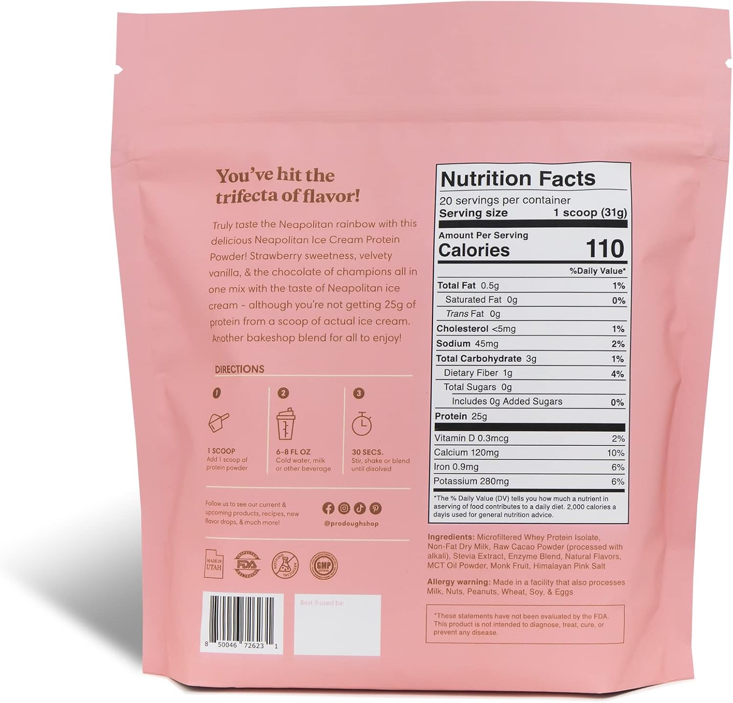 ProDough Gourmet Whey Isolate Protein Powder - 25g Protein, Gluten Free, Keto Friendly (Neapolitan)