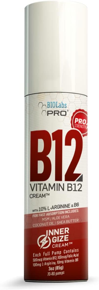 Professional Grade BIOLABS PRO INNERGIZE B12 Cream with B6, L-Arginine - Natural Topical B12 for Neurological & PreWorkout Support