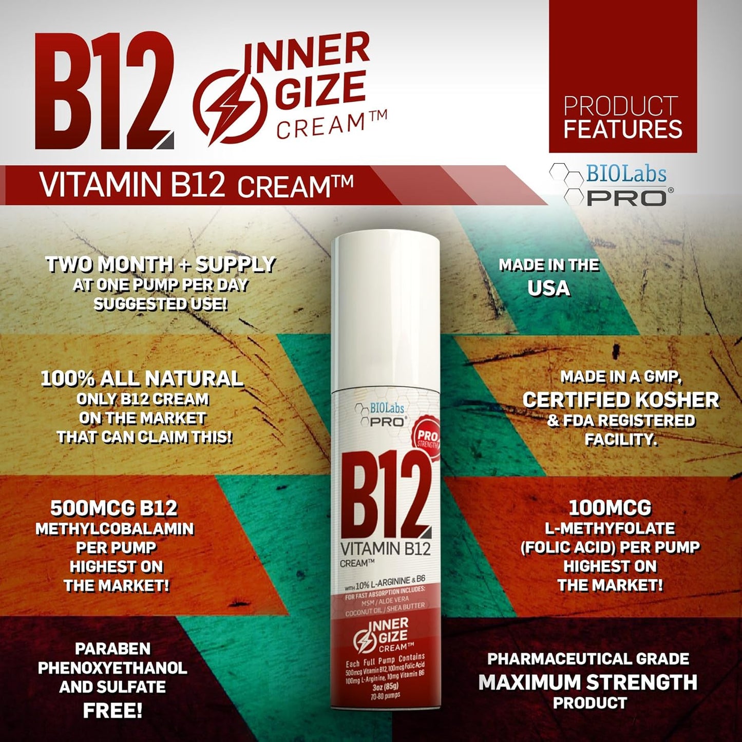 Professional Grade BIOLABS PRO INNERGIZE B12 Cream with B6, L-Arginine - Natural Topical B12 for Neurological & PreWorkout Support