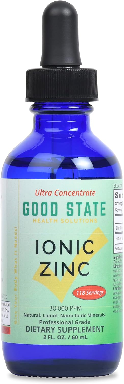 Professional Grade Good State Natural Ionic Zinc Liquid Concentrate - Nano Sized Mineral Technology - 1.6 fl oz Glass Bottle