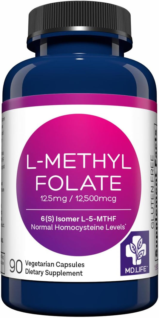 Professional-Grade MD Life L Methylfolate 12.5 mg Supplement - High Potency MTHFR Support - 90 Capsules of L-methylfolate 12.5mg - Essential Amino Acids for Health - BoostGo Australia