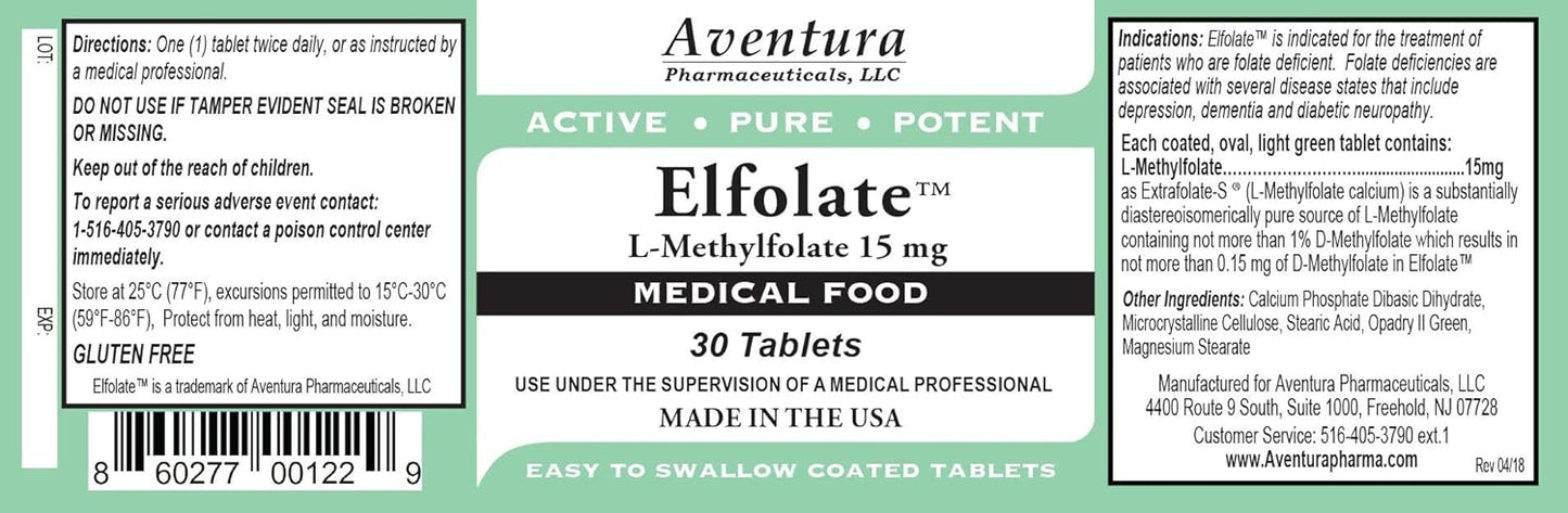 Professional Strength ELFOLATE® 15mg L-Methylfolate Supplement - Pure & Potent 30 Tablets