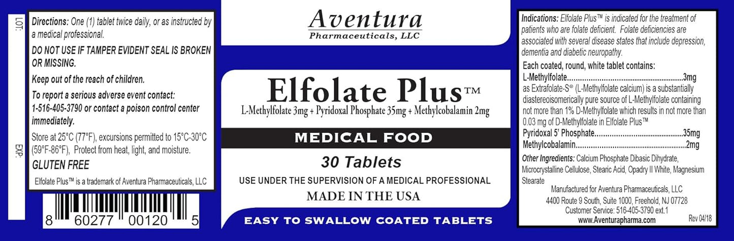 Professional Strength ELFOLATE Plus® 3mg L-Methylfolate Supplement - Pure & Potent 30 Tablets