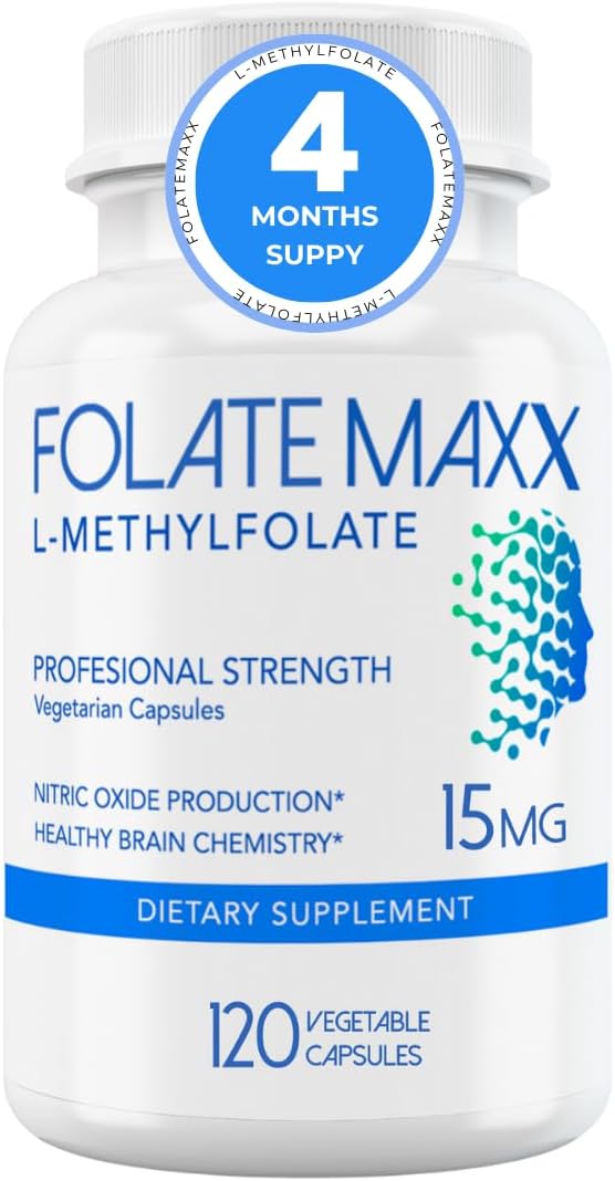 Professional Strength Folate Maxx L-Methylfolate 15mg Capsules - 5-MTHF Supplement for Men & Women - Non GMO, Gluten Free - 120 Count