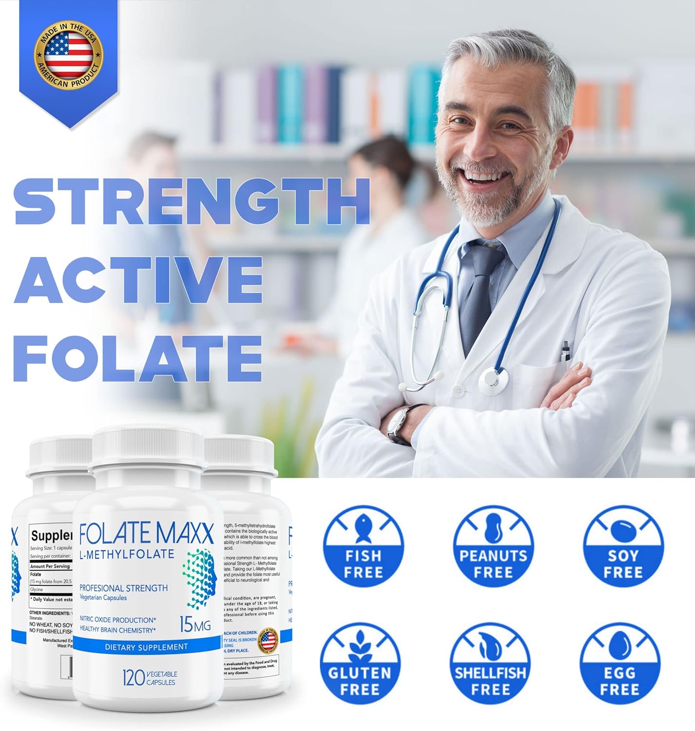 Professional Strength Folate Maxx L-Methylfolate 15mg Capsules - 5-MTHF Supplement for Men & Women - Non GMO, Gluten Free - 120 Count