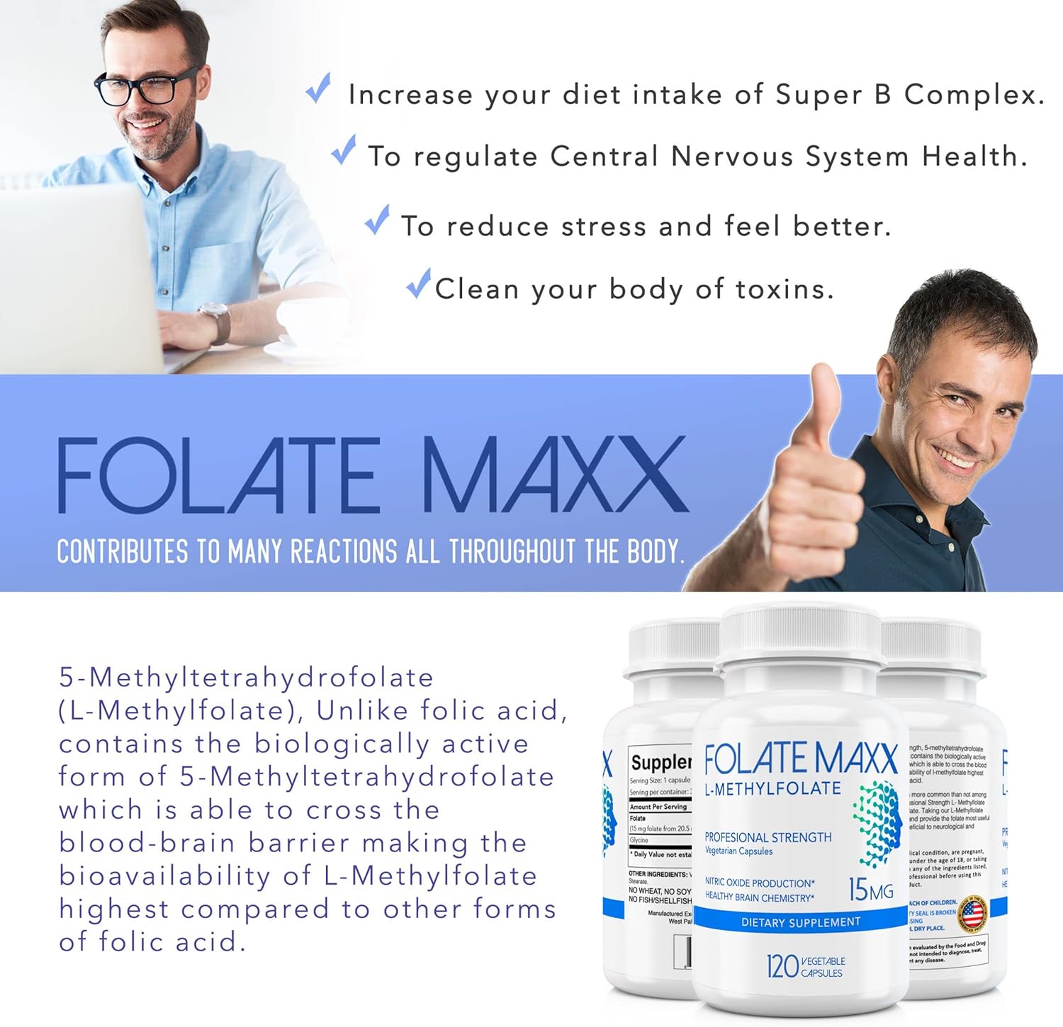 Professional Strength Folate Maxx L-Methylfolate 15mg Capsules - 5-MTHF Supplement for Men & Women - Non GMO, Gluten Free - 120 Count
