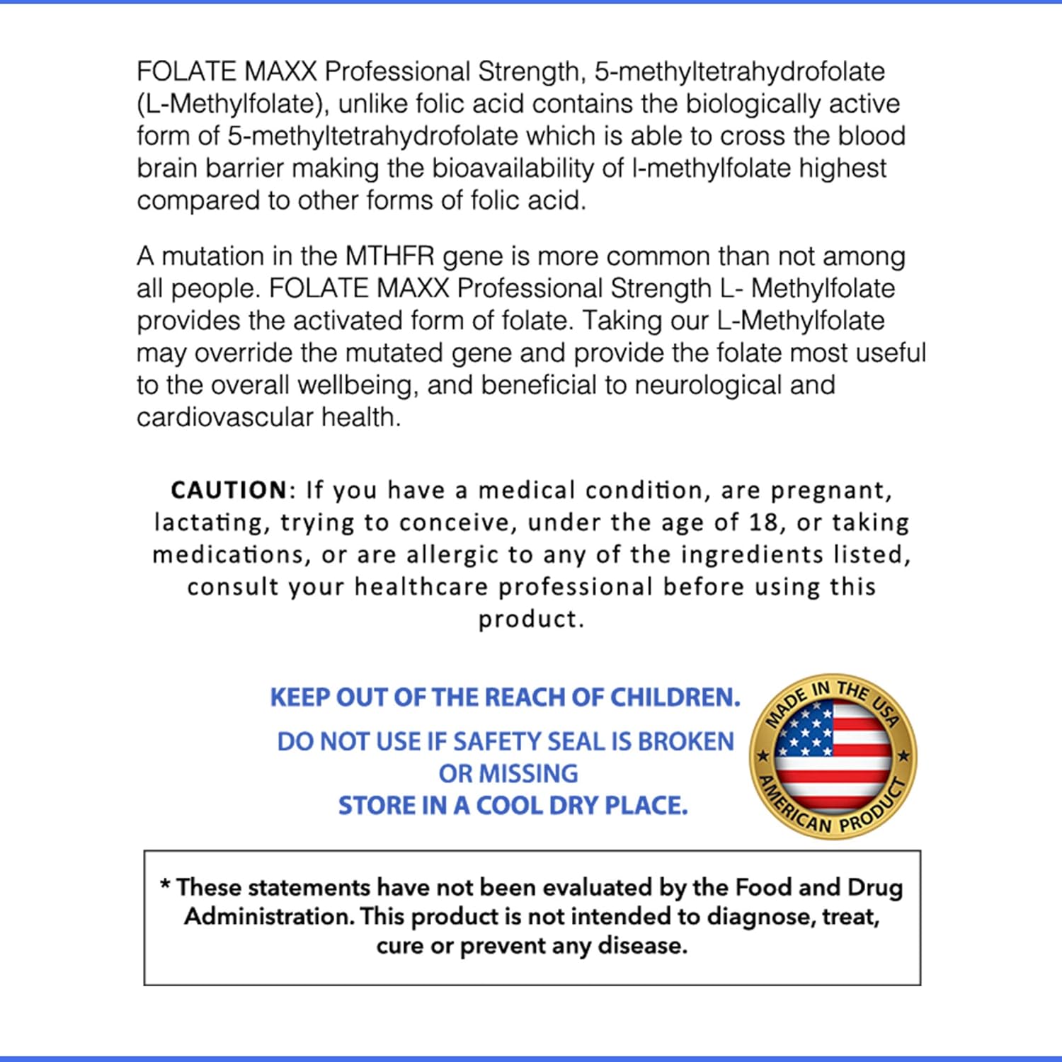 Professional Strength Folate Maxx L-Methylfolate 15mg Capsules - Active Methyl Folate Supplement for Men & Women - Non GMO, Gluten Free - 90 Count