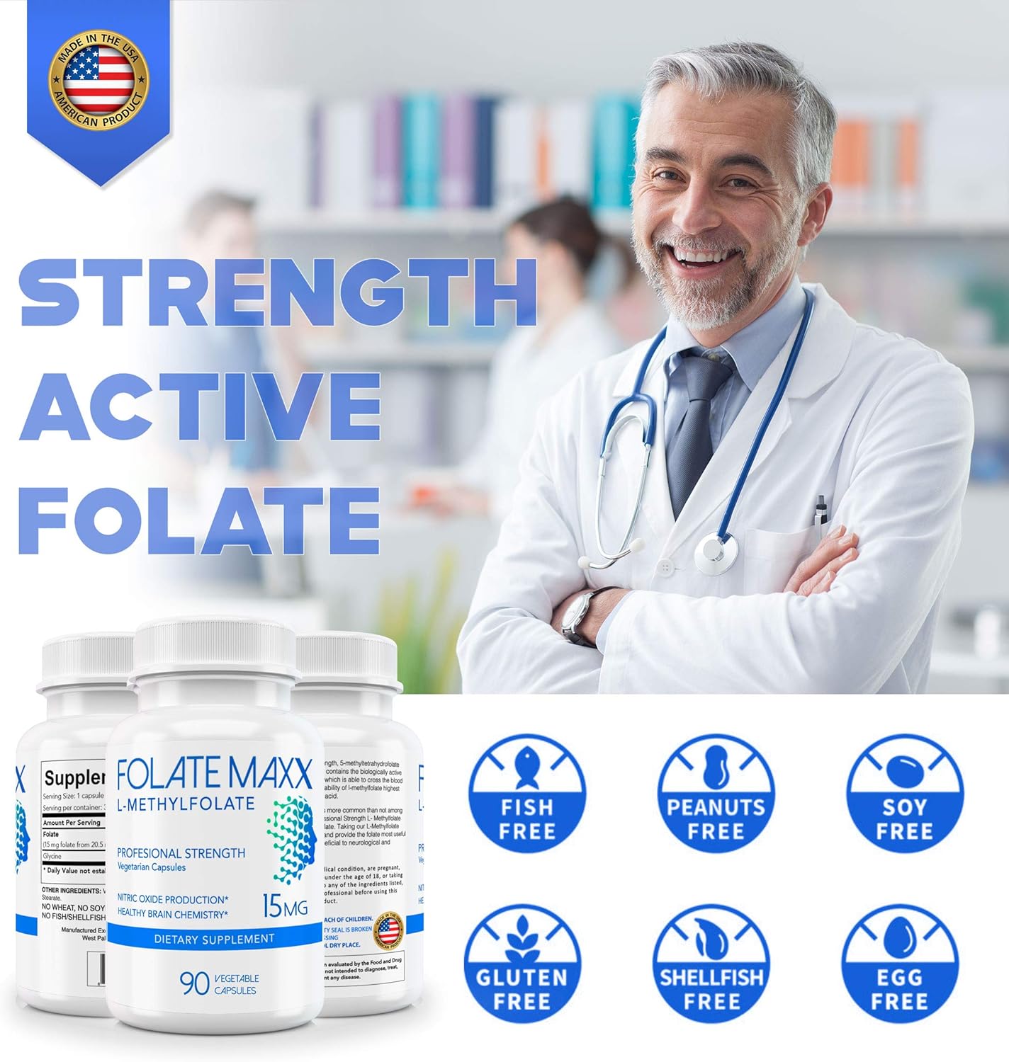 Professional Strength Folate Maxx L-Methylfolate 15mg Capsules - Active Methyl Folate Supplement for Men & Women - Non GMO, Gluten Free - 90 Count