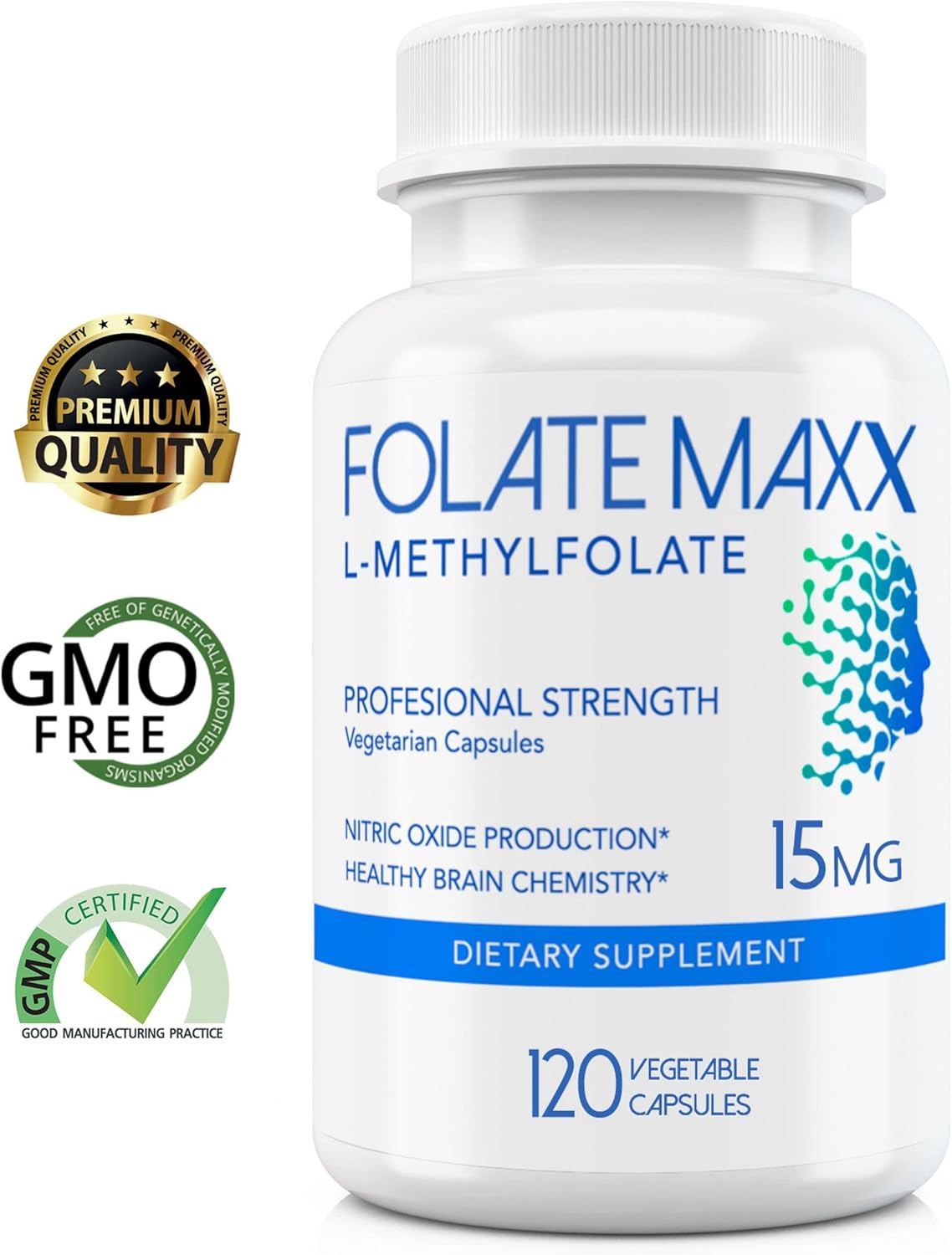 Professional Strength Folate Maxx L-Methylfolate 15mg Capsules - 5-MTHF Supplement for Men & Women - Non GMO, Gluten Free - 120 Count