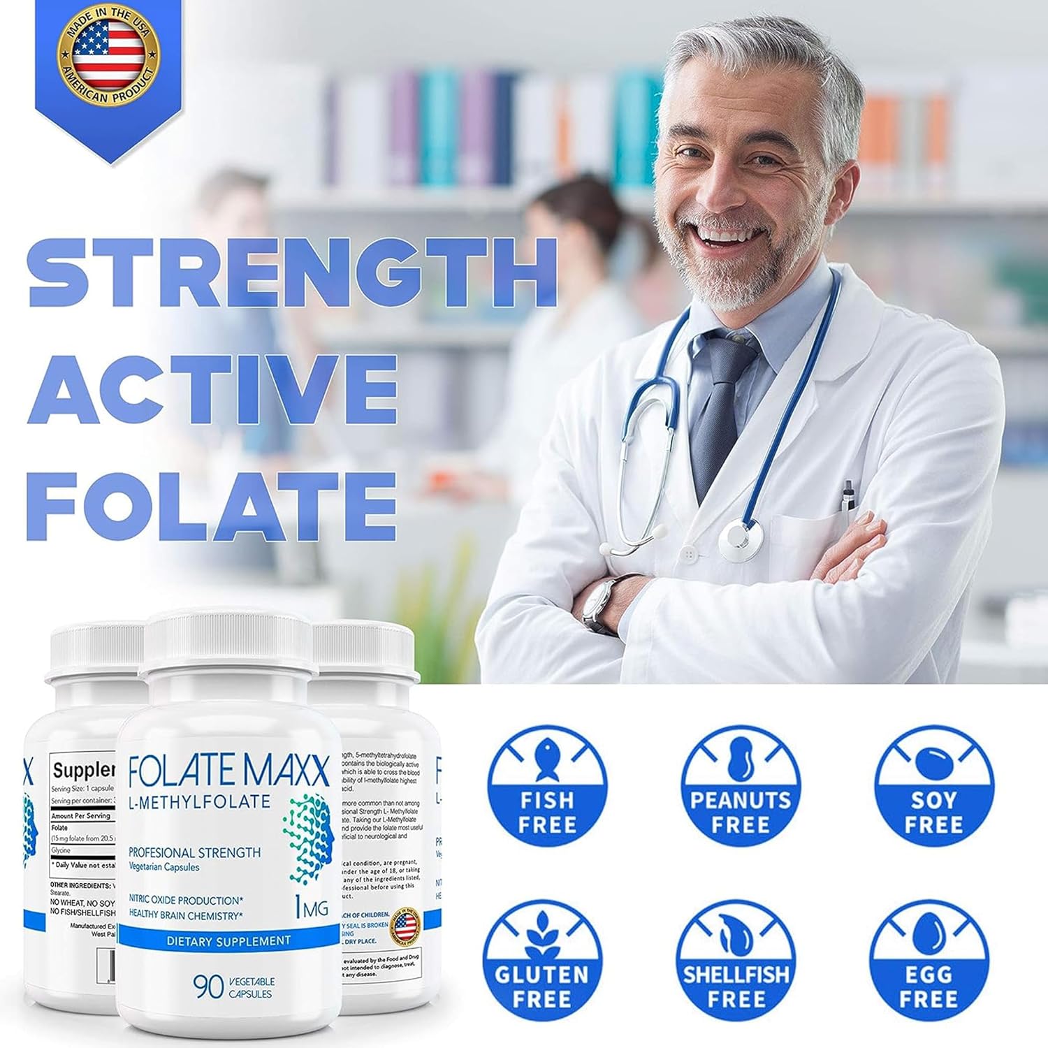 Professional Strength FolateMaxx L-Methylfolate Supplement (1mg) - 180 Vegetarian Capsules - Non-GMO, Gluten/Soy Free