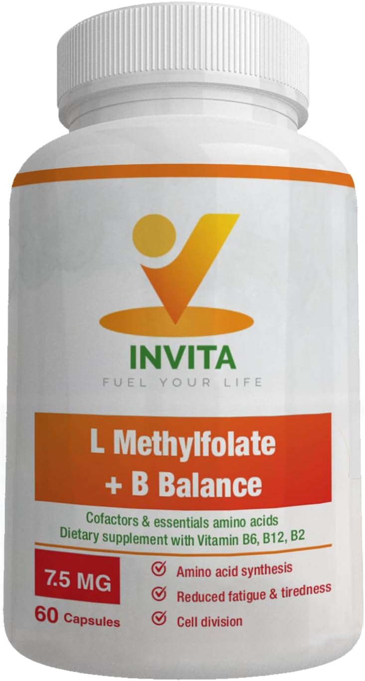 Professional Strength INVITA L-Methylfolate + B Balance Capsules - 5-MTHF, B6, B2, B12 Methylcobalamin B Complex - 60 Count - Active Methyl Folate Supplement - Non GMO, Gluten Free (7.5 mg)