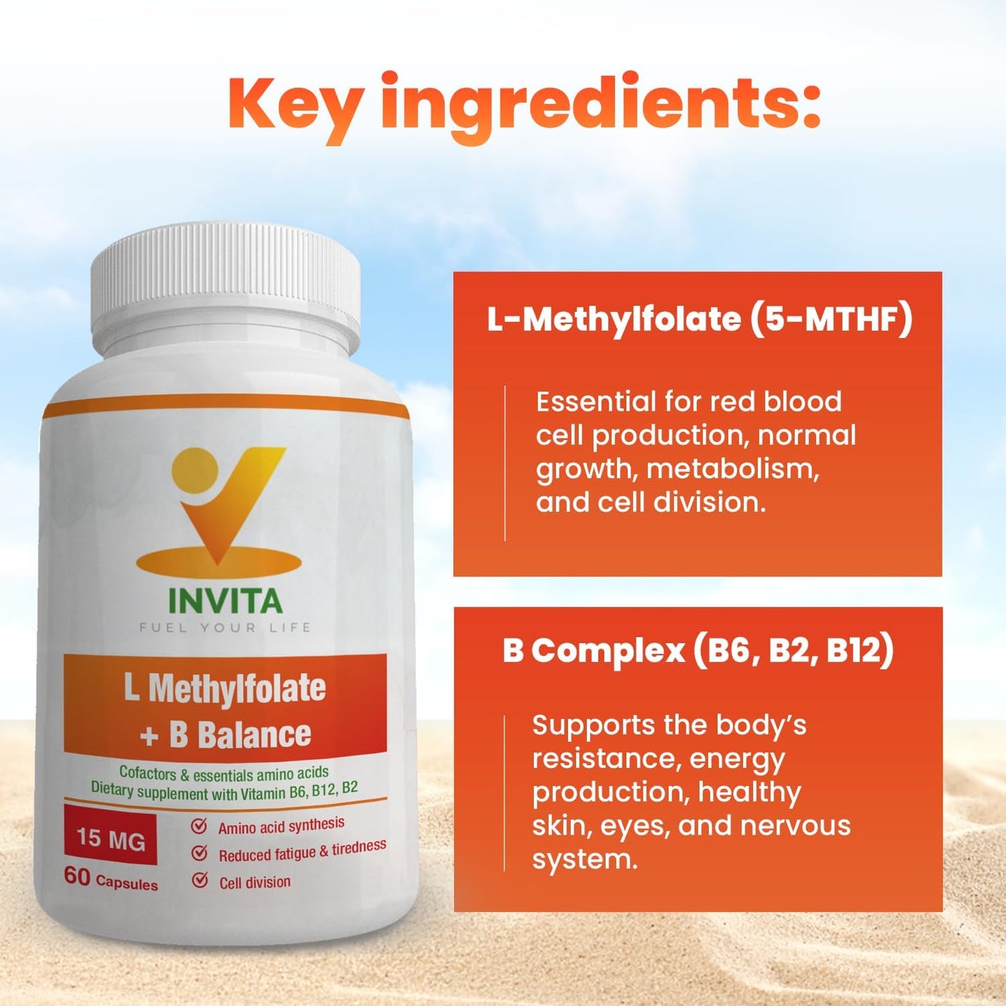 Professional Strength INVITA L-Methylfolate + B Balance (15mg) Capsules - Active Methyl Folate with B Complex - Non GMO & Gluten Free