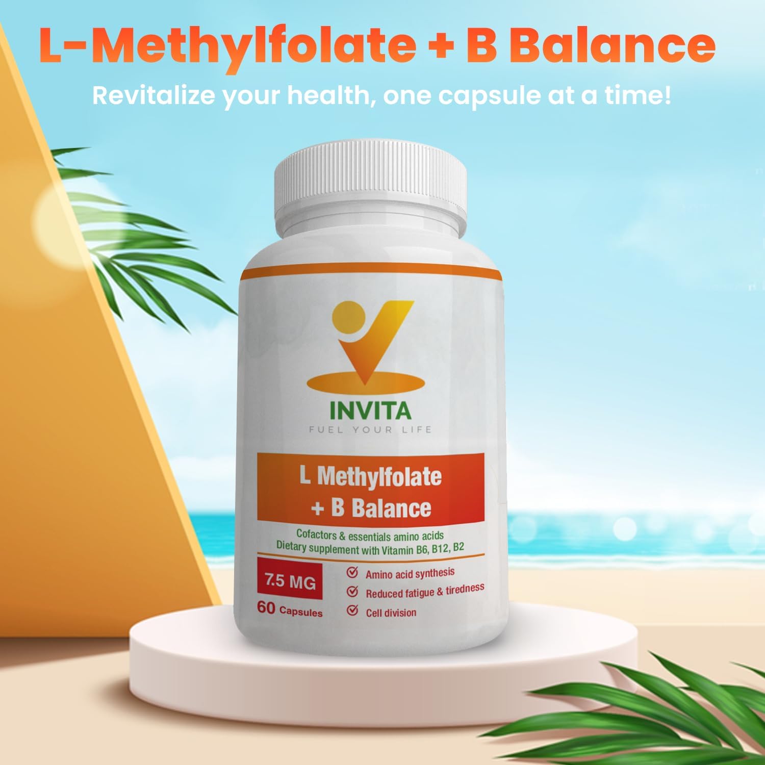 Professional Strength INVITA L-Methylfolate + B Balance Capsules - 5-MTHF, B6, B2, B12 Methylcobalamin B Complex - 60 Count - Active Methyl Folate Supplement - Non GMO, Gluten Free (7.5 mg)
