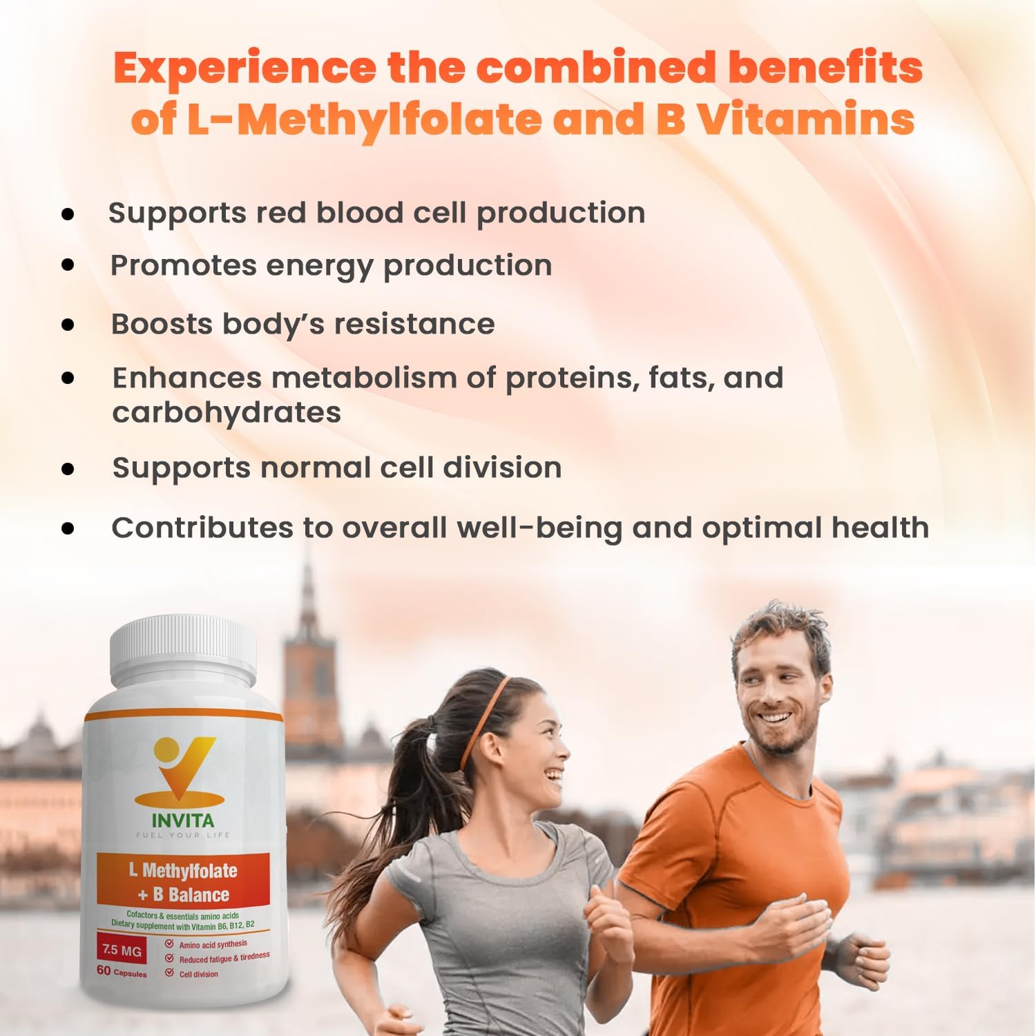 Professional Strength INVITA L-Methylfolate + B Balance Capsules - 5-MTHF, B6, B2, B12 Methylcobalamin B Complex - 60 Count - Active Methyl Folate Supplement - Non GMO, Gluten Free (7.5 mg)