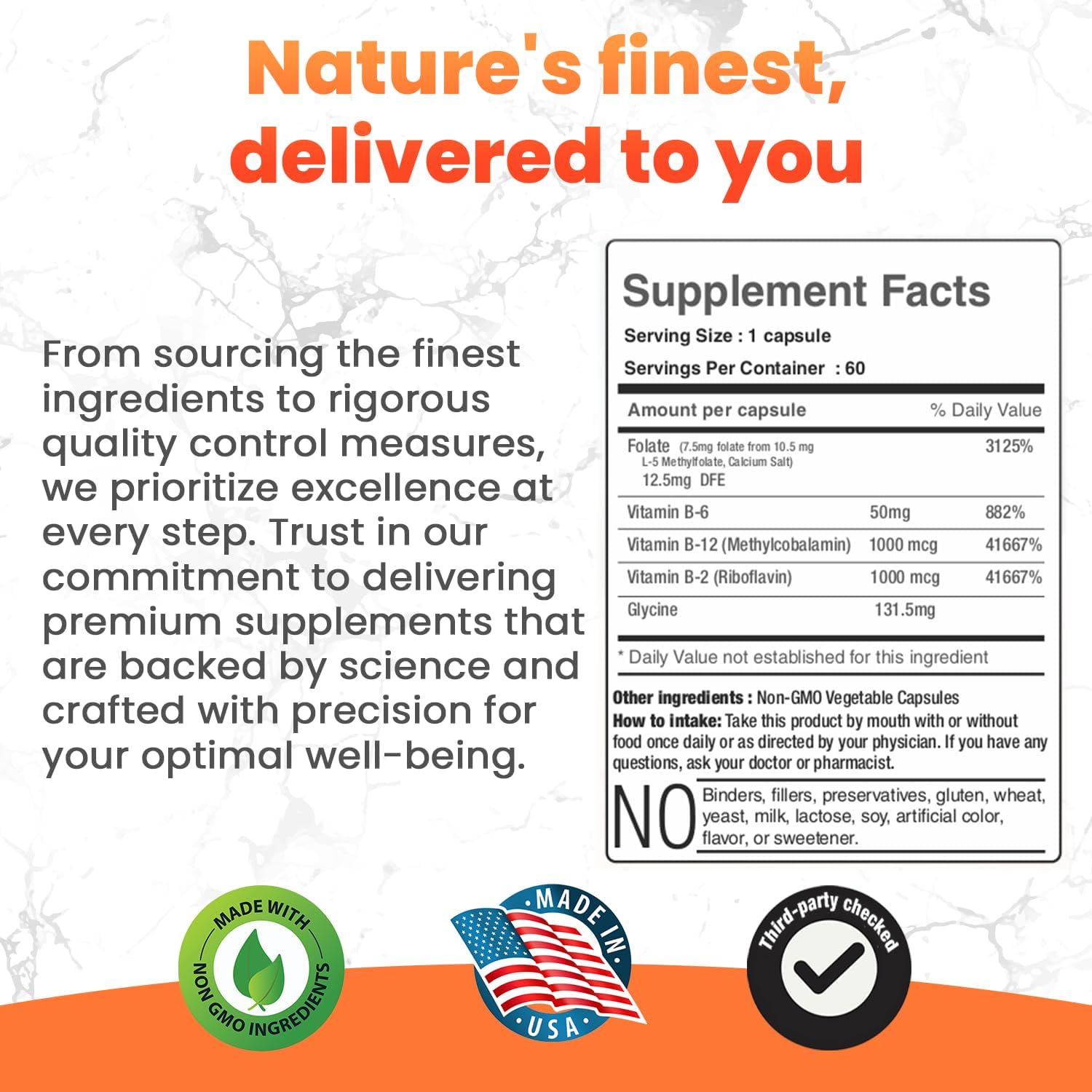 Professional Strength INVITA L-Methylfolate + B Balance Capsules - 5-MTHF, B6, B2, B12 Methylcobalamin B Complex - 60 Count - Active Methyl Folate Supplement - Non GMO, Gluten Free (7.5 mg)