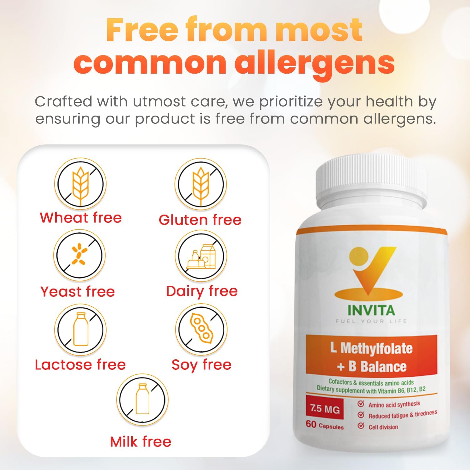 Professional Strength INVITA L-Methylfolate + B Balance Capsules - 5-MTHF, B6, B2, B12 Methylcobalamin B Complex - 60 Count - Active Methyl Folate Supplement - Non GMO, Gluten Free (7.5 mg)