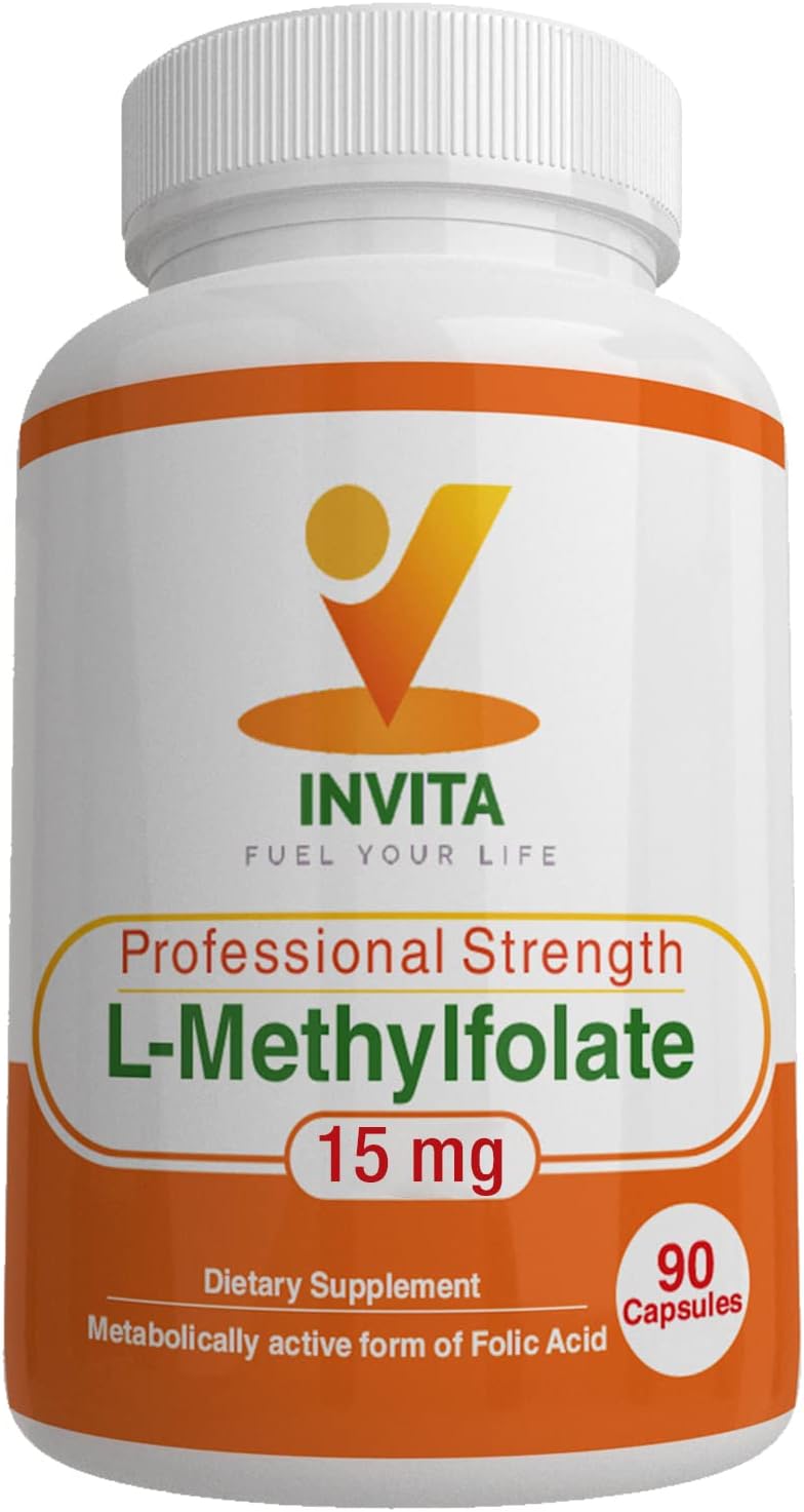 Professional Strength L-Methylfolate (15mg) Supplement for Energy, Mood & Immune Support - Non GMO, Gluten Free - AONELAS INVITA 5-MTHF - No Fillers