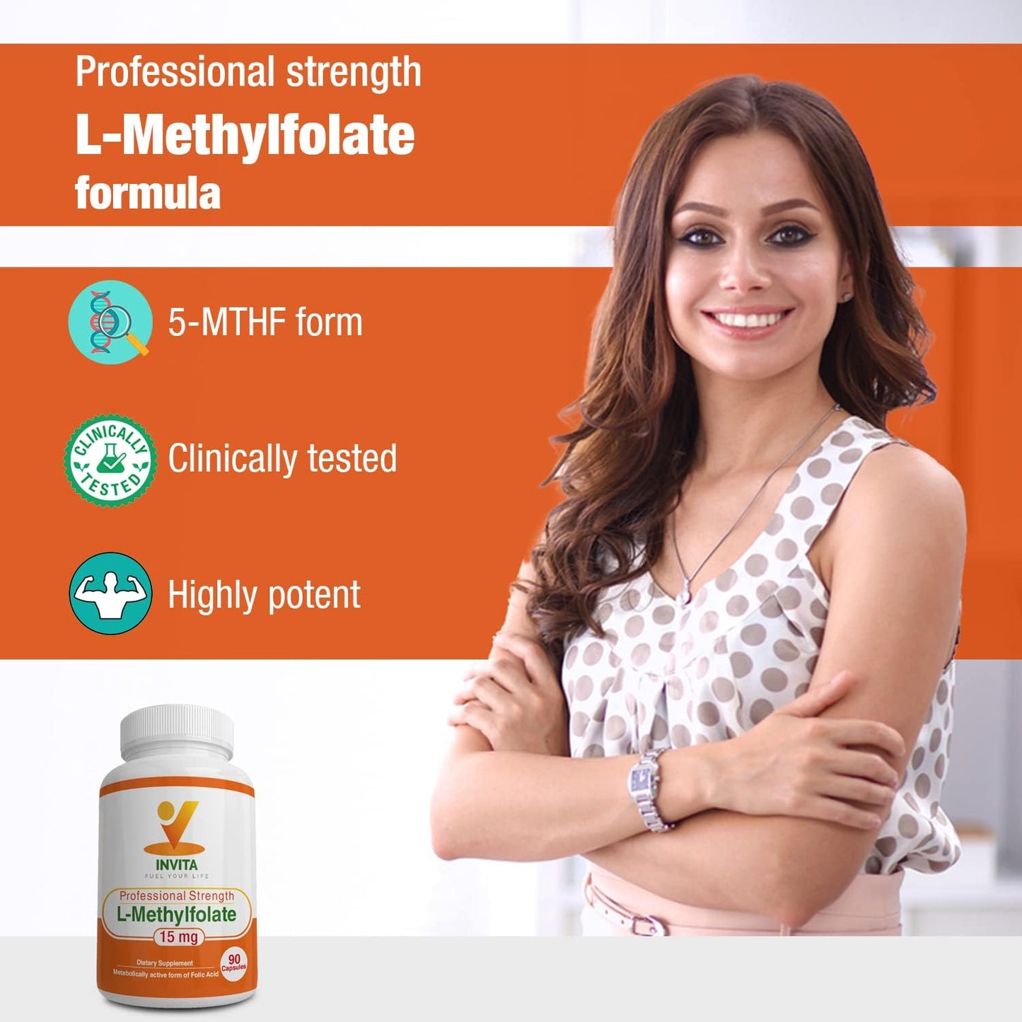 Professional Strength L-Methylfolate (15mg) Supplement for Energy, Mood & Immune Support - Non GMO, Gluten Free - AONELAS INVITA 5-MTHF - No Fillers