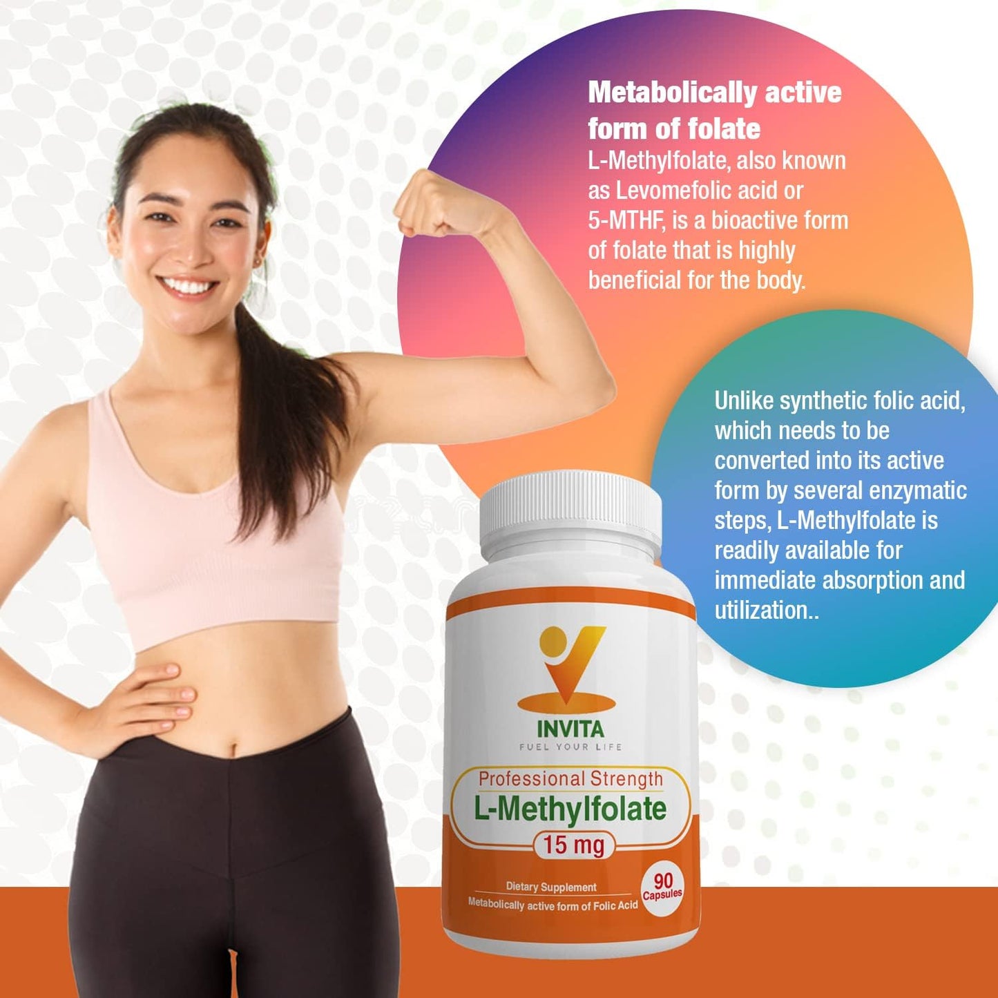 Professional Strength L-Methylfolate (15mg) Supplement for Energy, Mood & Immune Support - Non GMO, Gluten Free - AONELAS INVITA 5-MTHF - No Fillers