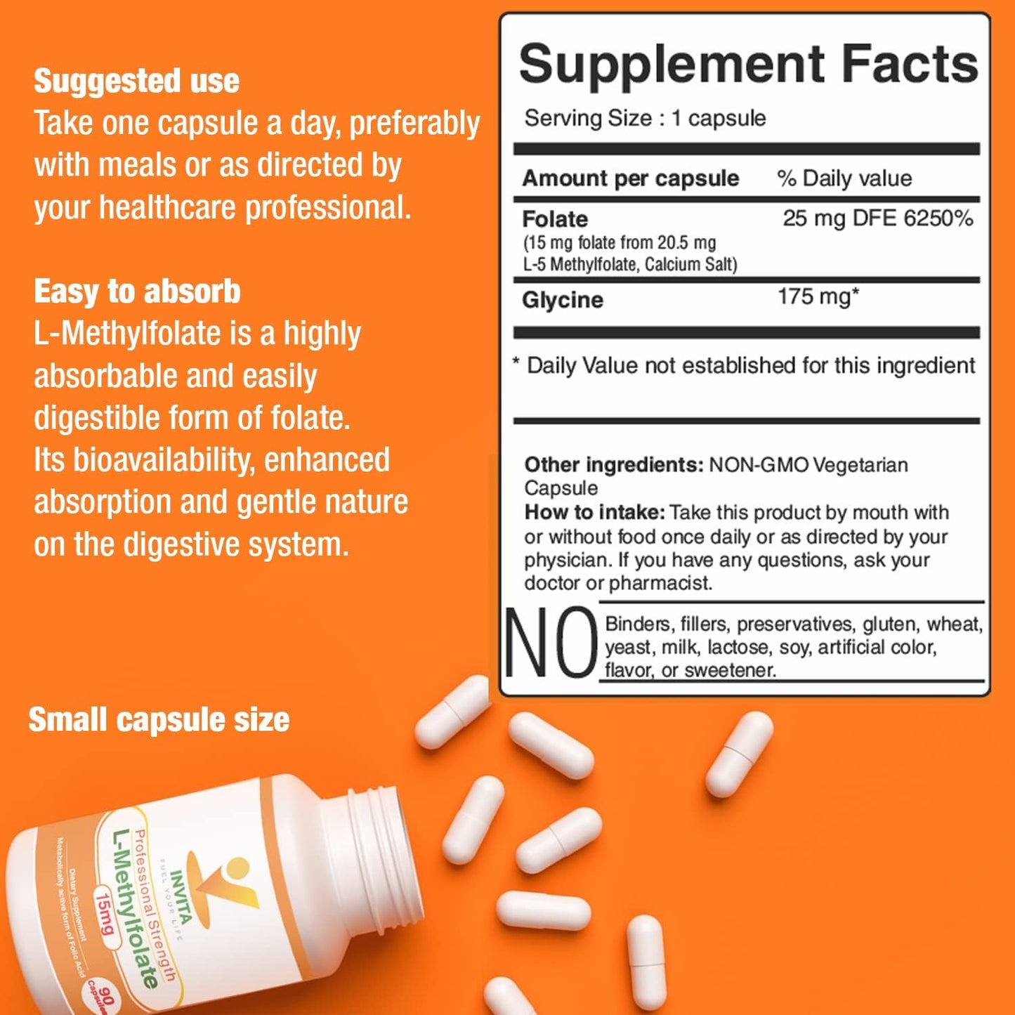 Professional Strength L-Methylfolate (15mg) Supplement for Energy, Mood & Immune Support - Non GMO, Gluten Free - AONELAS INVITA 5-MTHF - No Fillers