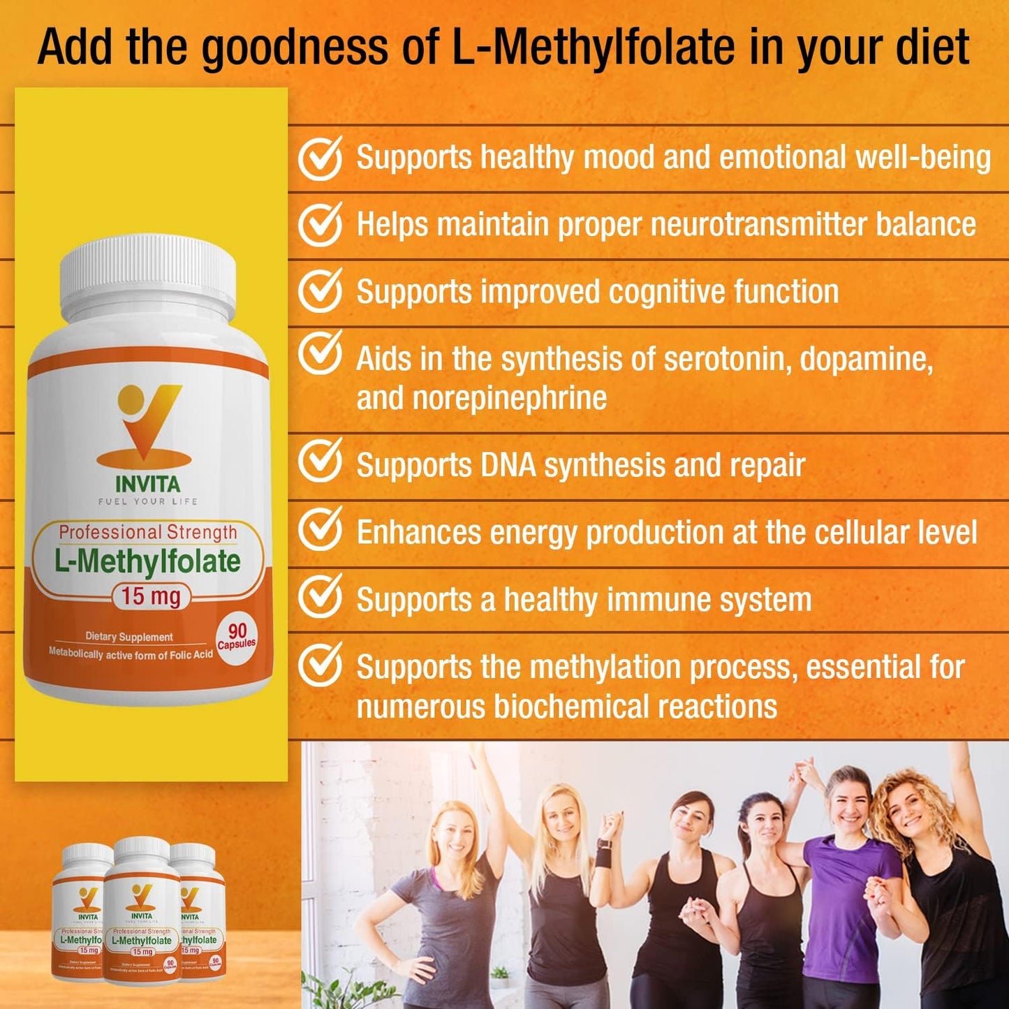 Professional Strength L-Methylfolate (15mg) Supplement for Energy, Mood & Immune Support - Non GMO, Gluten Free - AONELAS INVITA 5-MTHF - No Fillers