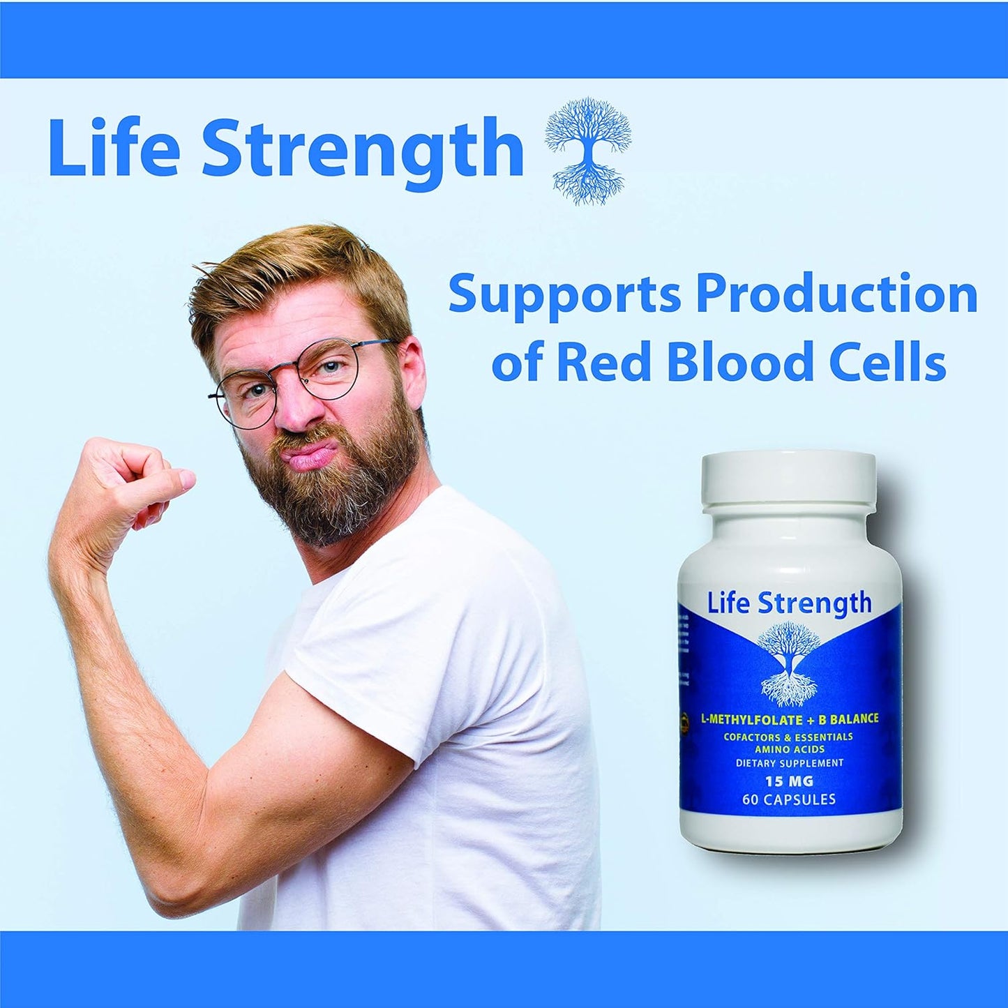 Professional Strength LifeStrength L-Methylfolate + B Complex - 5-MTHF, B6, B2 & B12 Methylcobalamin - 60 Capsules - Active Methyl Folate Supplement - Non GMO & Gluten Free - 15MG