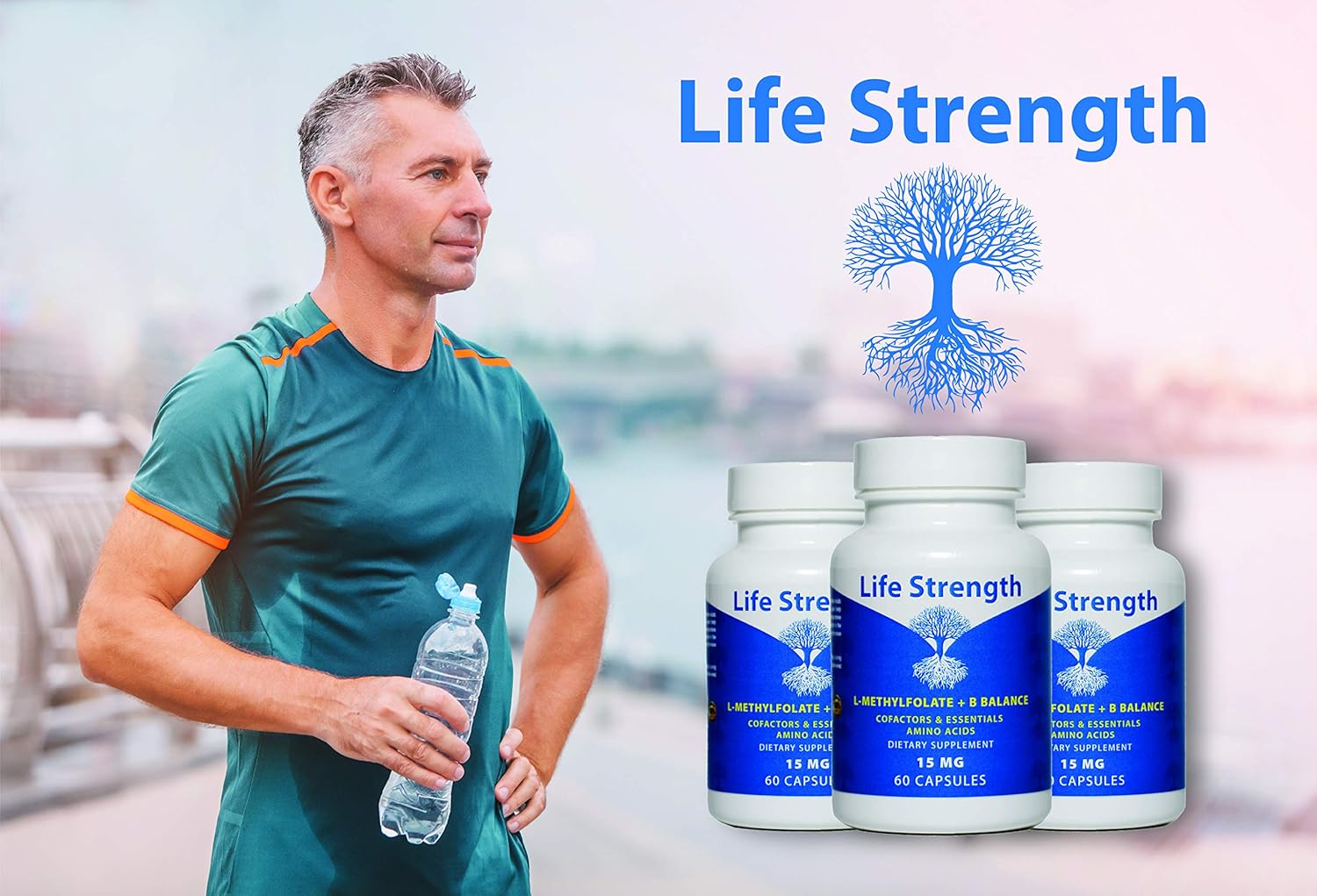 Professional Strength LifeStrength L-Methylfolate + B Complex - 5-MTHF, B6, B2 & B12 Methylcobalamin - 60 Capsules - Active Methyl Folate Supplement - Non GMO & Gluten Free - 15MG