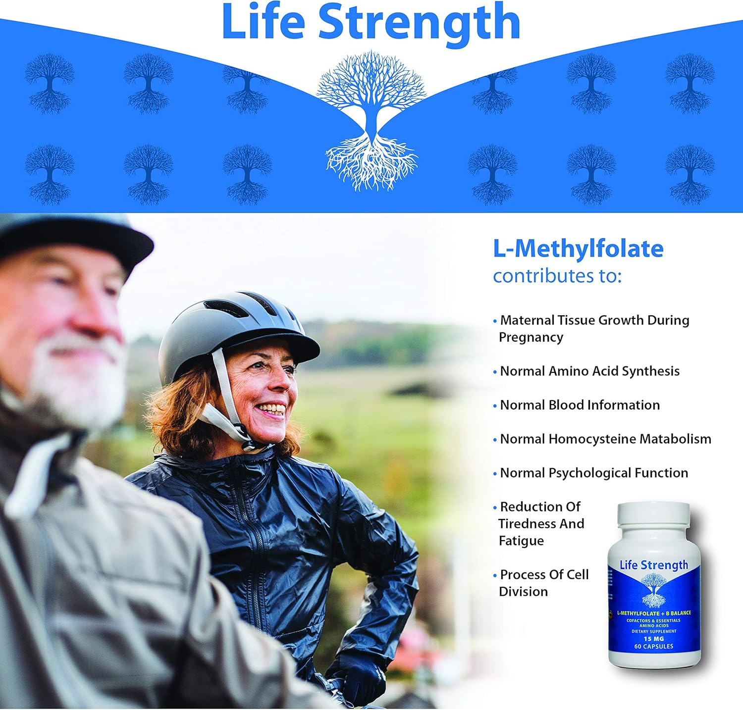 Professional Strength LifeStrength L-Methylfolate + B Complex - 5-MTHF, B6, B2 & B12 Methylcobalamin - 60 Capsules - Active Methyl Folate Supplement - Non GMO & Gluten Free - 15MG