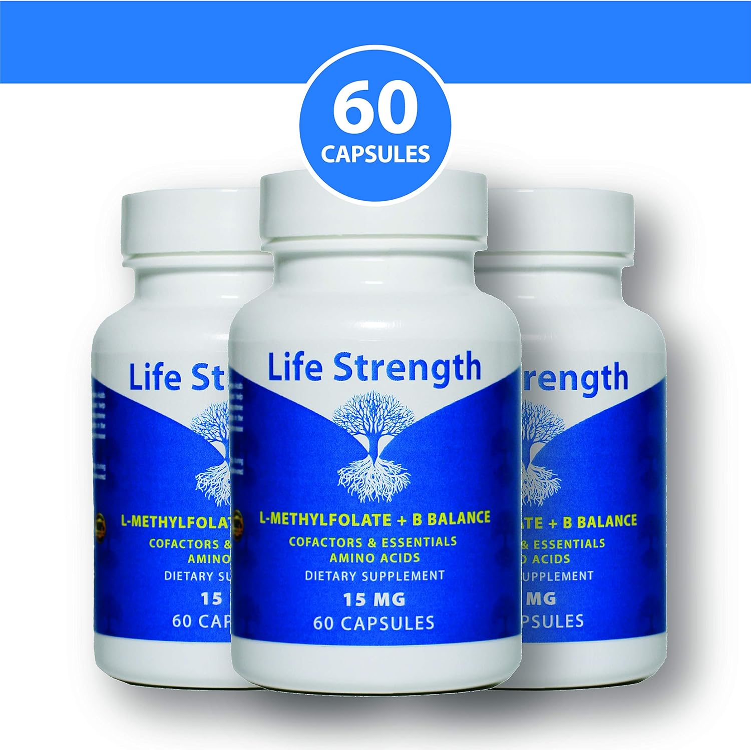 Professional Strength LifeStrength L-Methylfolate + B Complex - 5-MTHF, B6, B2 & B12 Methylcobalamin - 60 Capsules - Active Methyl Folate Supplement - Non GMO & Gluten Free - 15MG