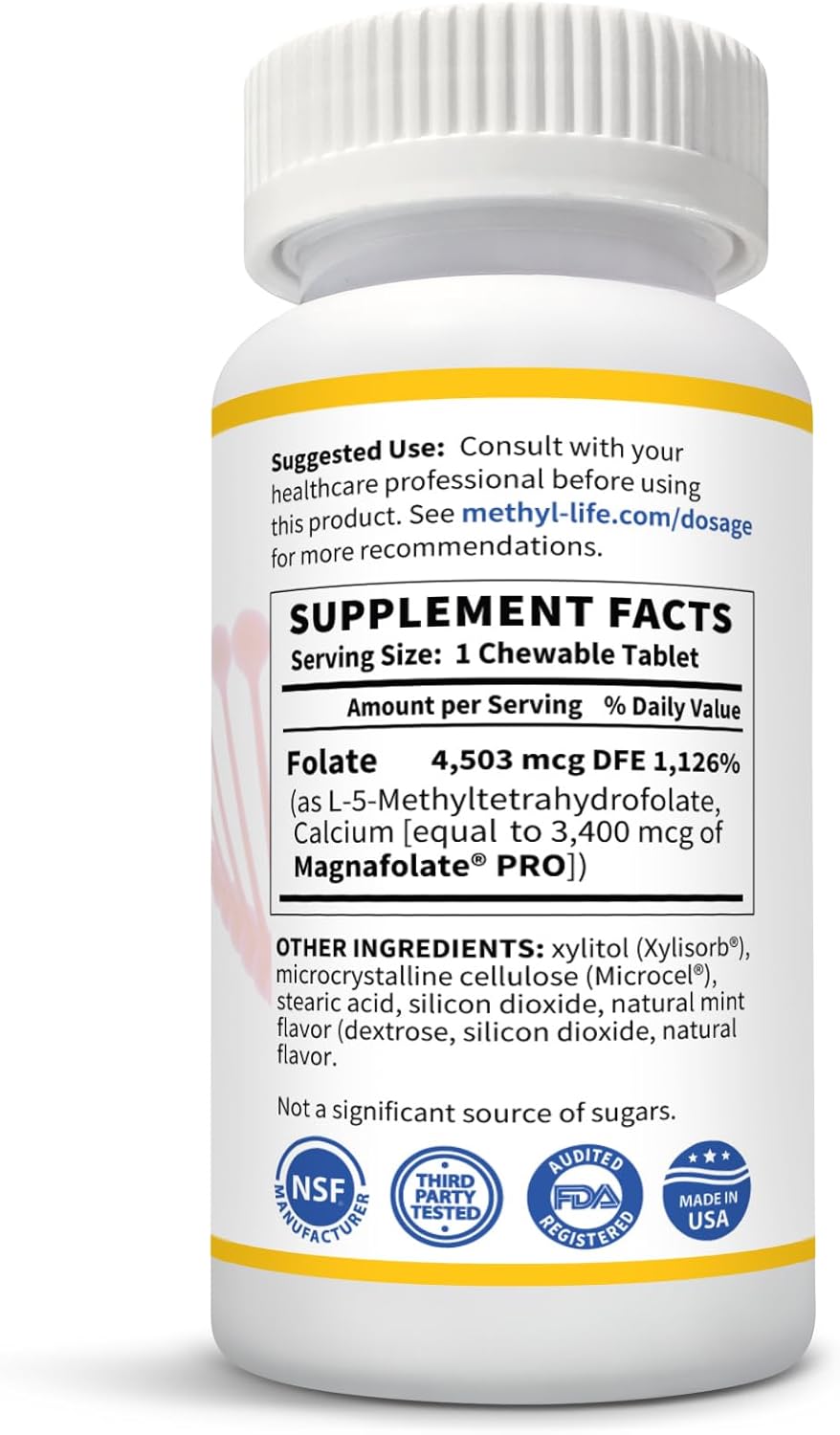 Professional Strength Methyl-Life L-Methylfolate Tablets - 2.5 mg, 90 Chewable Tablets, Natural Mint Flavor
