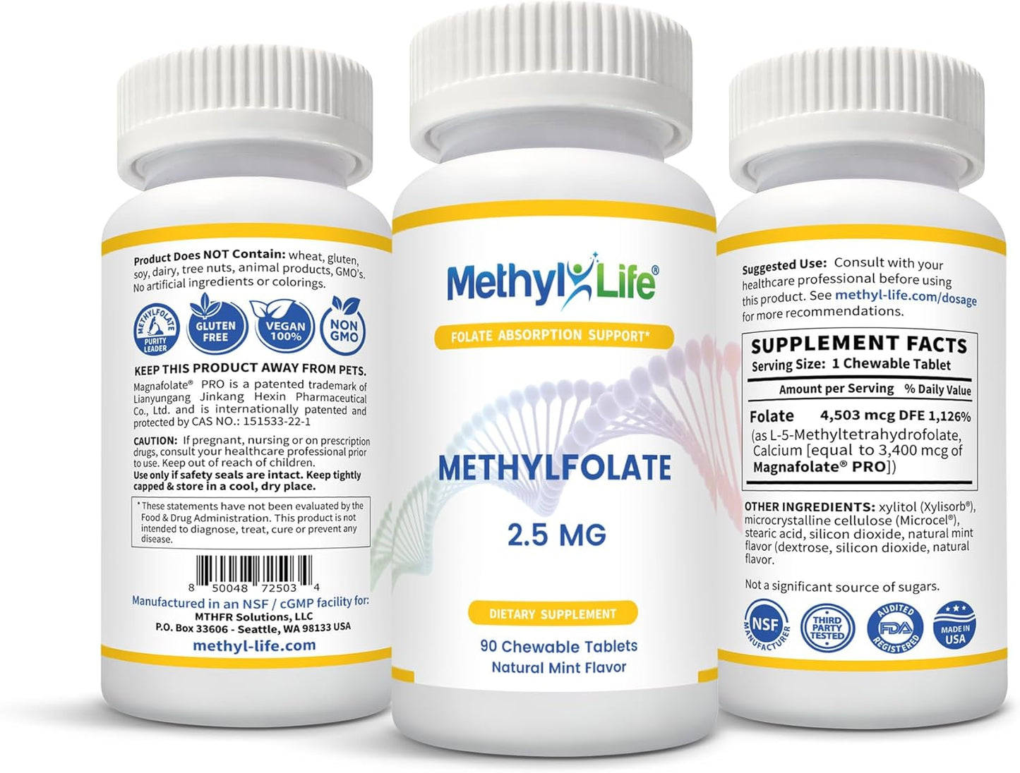 Professional Strength Methyl-Life L-Methylfolate Tablets - 2.5 mg, 90 Chewable Tablets, Natural Mint Flavor