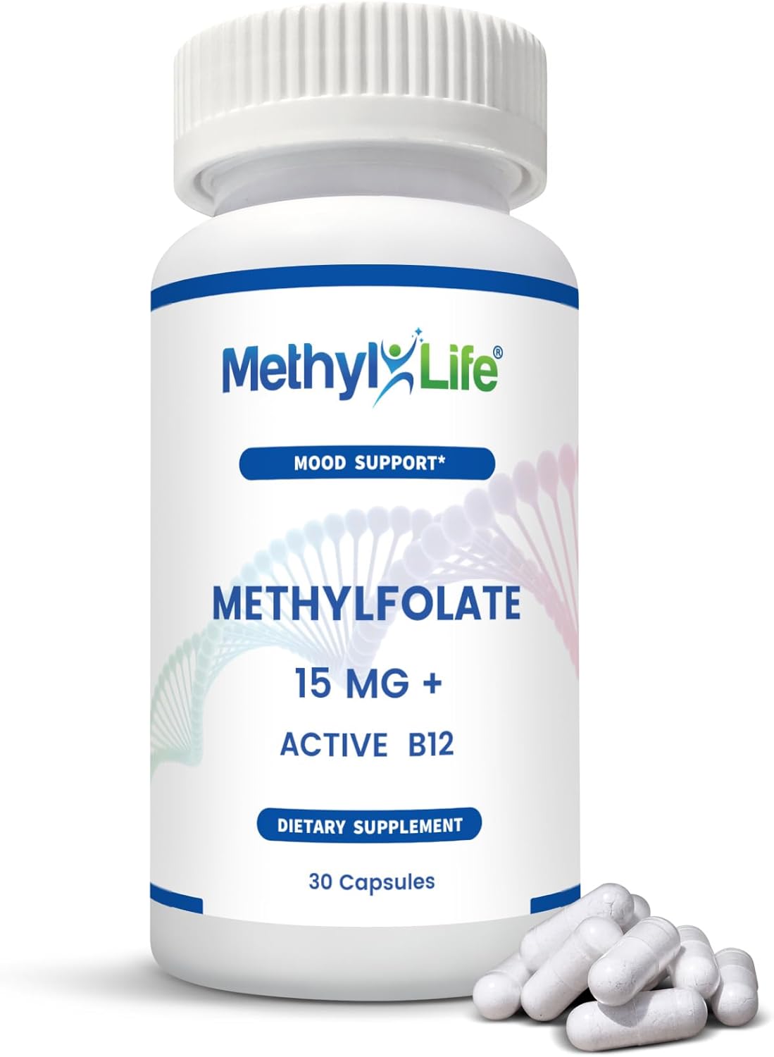 Professional Strength Methyl-Life Pure L-Methylfolate 15 mg Plus with Active B12 and Inositol - 30 Capsules