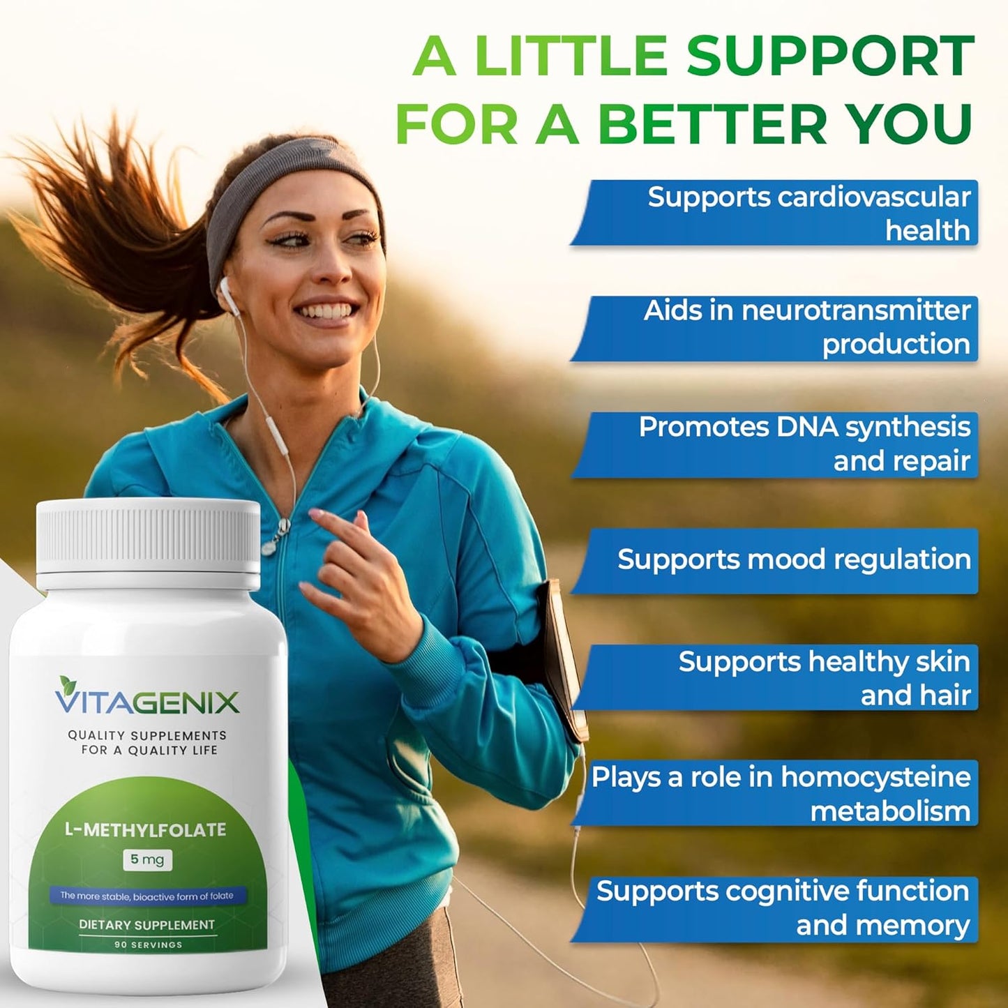 Professional Strength VITAGENIX L-Methylfolate 5mg - Bioactive Mood & Immune Support - Active 5-MTHF - 90 Capsules