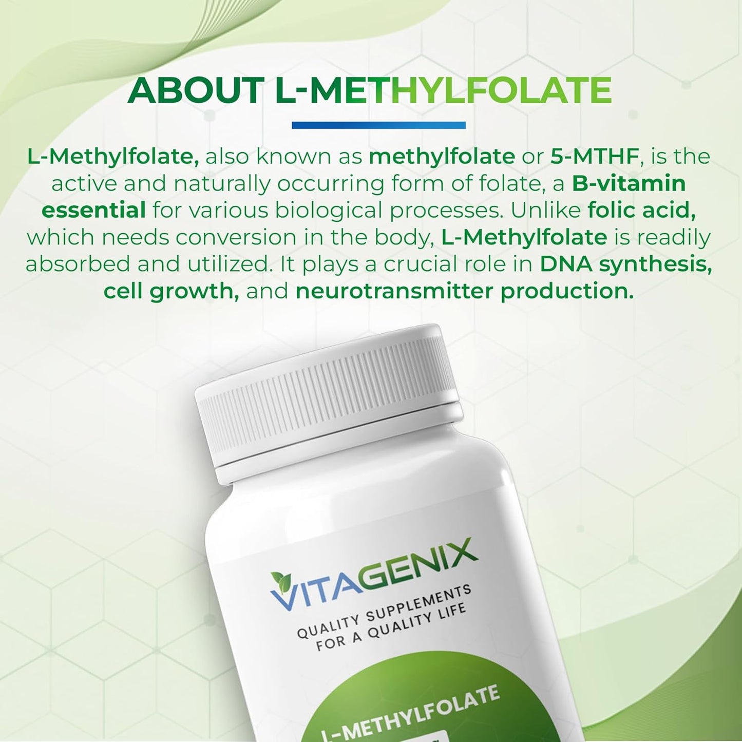 Professional Strength VITAGENIX L-Methylfolate 5mg - Bioactive Mood & Immune Support - Active 5-MTHF - 90 Capsules