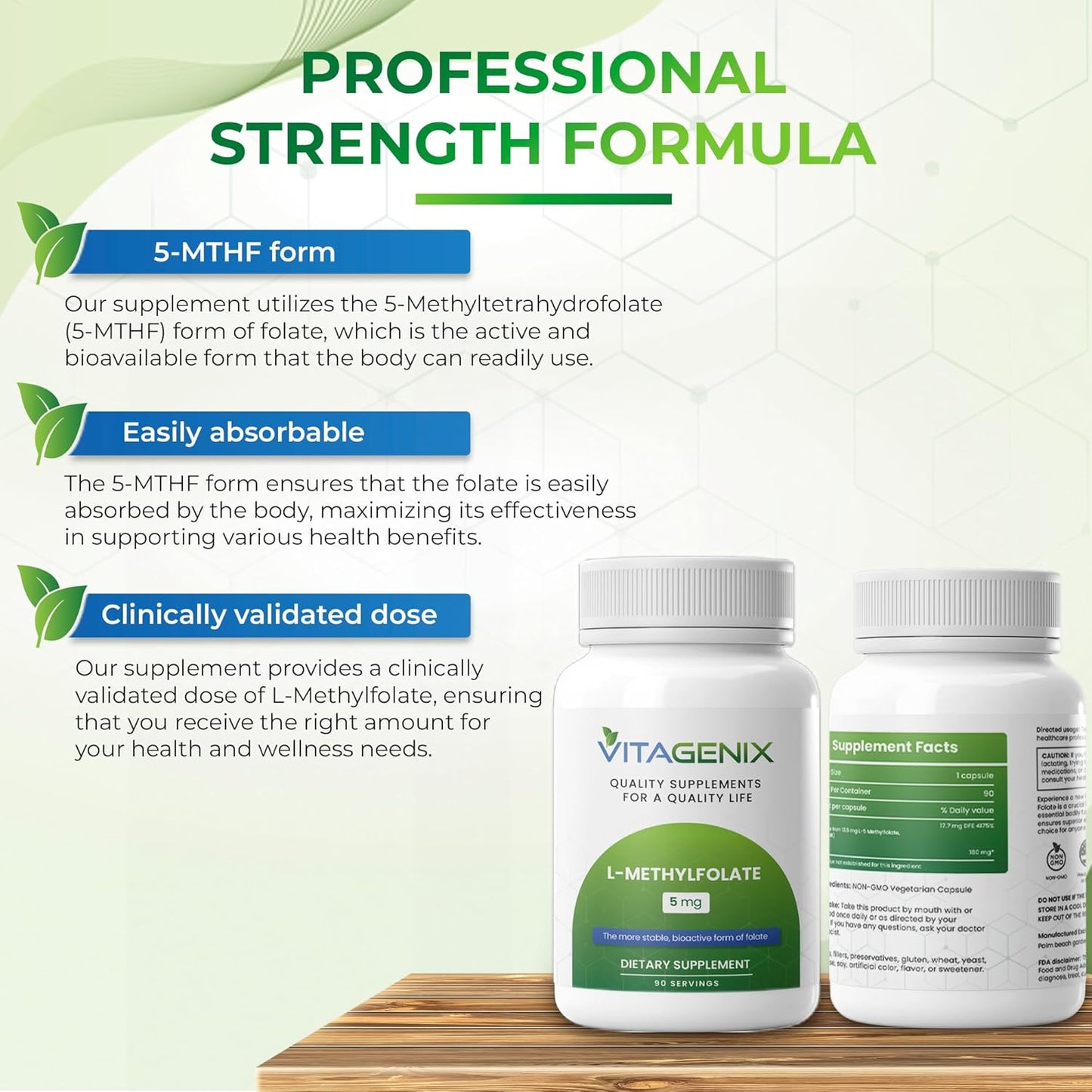 Professional Strength VITAGENIX L-Methylfolate 5mg - Bioactive Mood & Immune Support - Active 5-MTHF - 90 Capsules