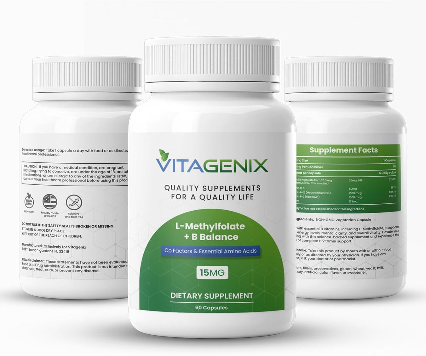Professional Strength VITAGENIX L-Methylfolate + B Complex for Mood, Methylation & Cognition - Bioactive 5-MTHF Form with B6, B2, & B12 - 15mg - 60 Capsules