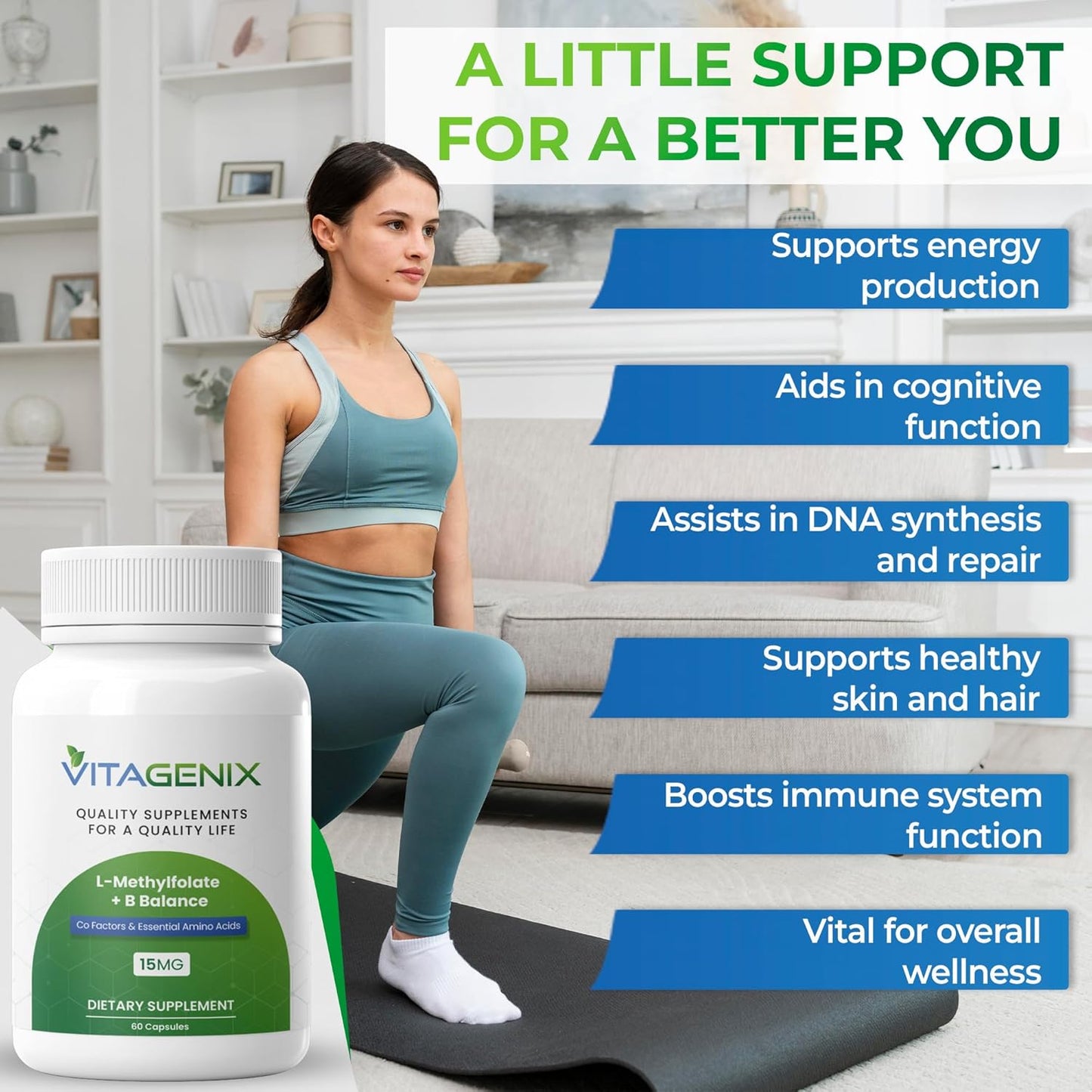 Professional Strength VITAGENIX L-Methylfolate + B Complex for Mood, Methylation & Cognition - Bioactive 5-MTHF Form with B6, B2, & B12 - 15mg - 60 Capsules