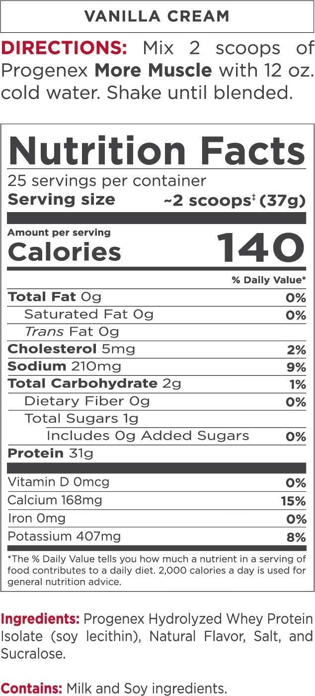 Progenex® More Muscle: Vanilla Cream Hydrolyzed Whey Protein Isolate Powder - No Added Sugar, Ideal for Lean Muscle Gain, Low Carb, High Protein Shake for Women & Men - 25 Servings