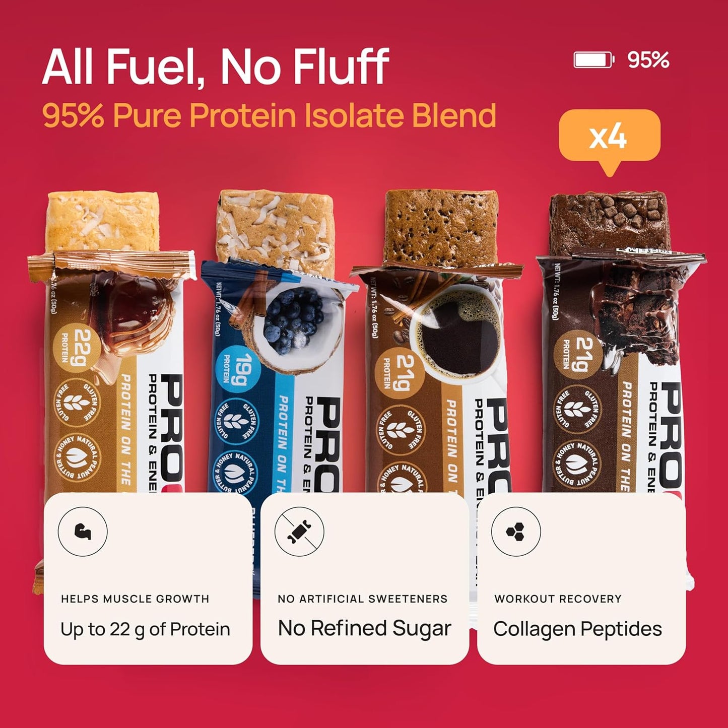 ProGo Protein Bars Starter Pack - 22g Clean Protein, 95% Pure Isolate, Collagen, Low Calorie, Honey & Peanut Butter - 4 Count - BoostGo Australia