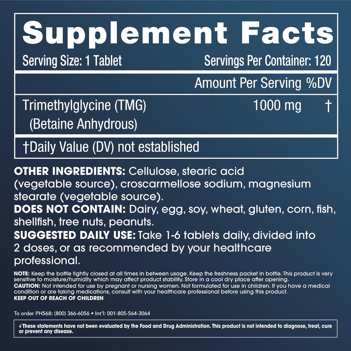 ProHealth Longevity TMG Supplements - Betaine Anhydrous Tablets 1,000mg for Methylation Support - 120 Count Pack