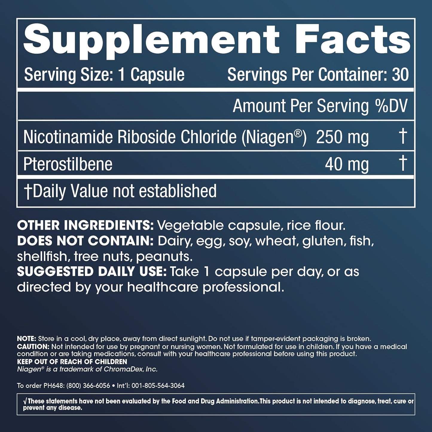 ProHealth Niagen NR + Pterostilbene Capsules for Longevity, Energy, and Cellular Repair - 250mg NR + 40mg Pterostilbene - 30 Count