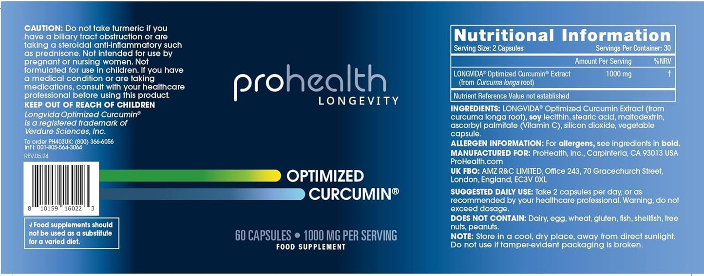 ProHealth Turmeric Curcumin Supplement: Longvida Curcumin Extract, 1000mg Per Serving, 60 Capsules