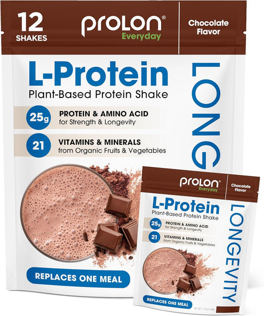 ProLon Plant Based Protein Powder: Boost Performance, Muscle Synthesis, Healthy Aging - Chocolate, 25g Protein, Vitamins & Antioxidants - Gluten Free, Amino Acids - 12 Packets