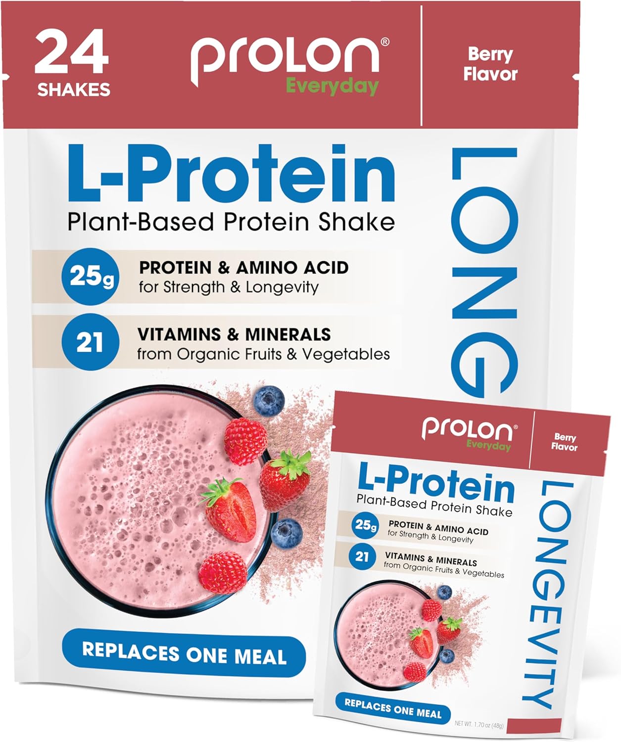 ProLon Plant-Based Protein Powder for Muscle Synthesis, Healthy Aging, Performance Boost | 25g Protein, Vitamins, Amino Acids, Antioxidants | Gluten-Free | Berry Flavor, 24 Packets