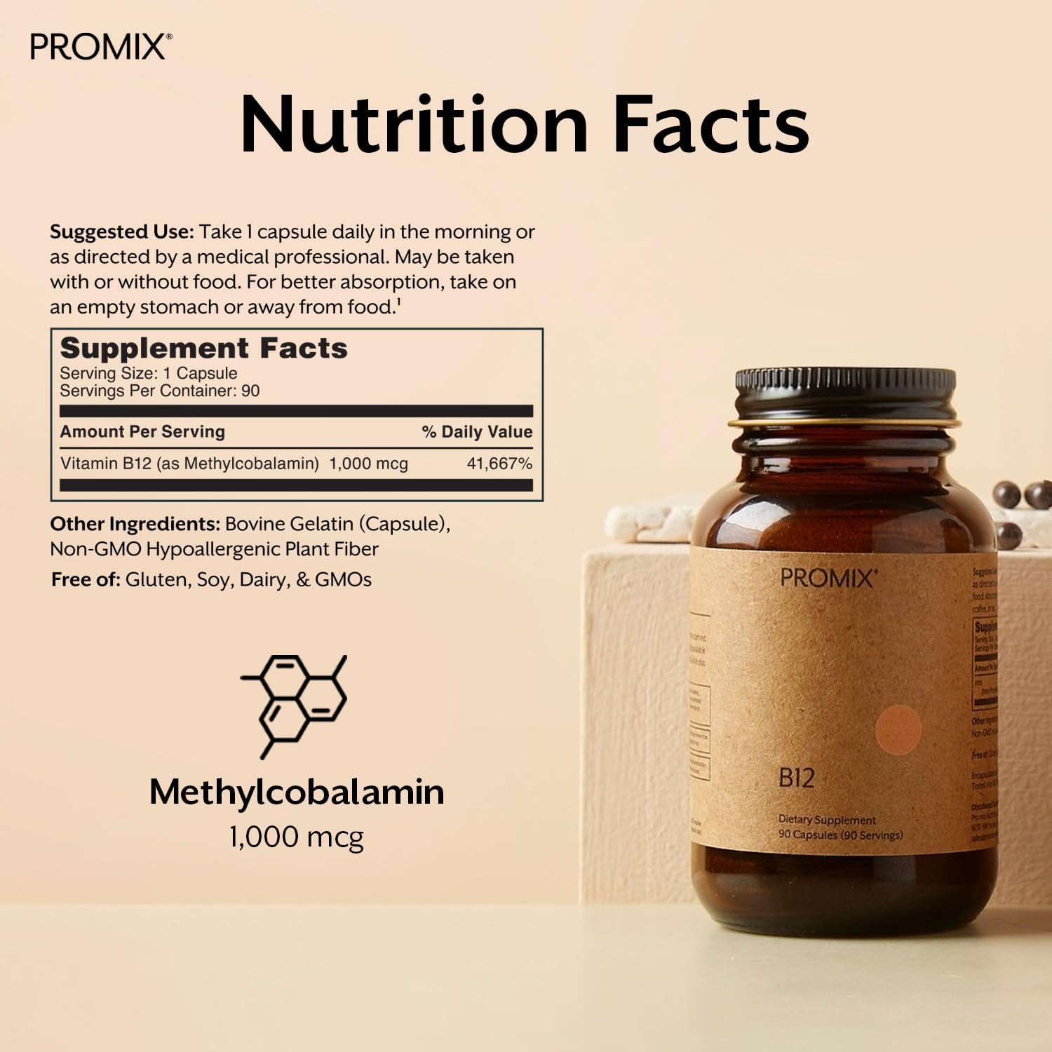 Promix Nutrition Methylcobalamin Vitamin B12 Supplement - 1000mcg - Gut-Friendly - 90 Count Bottle