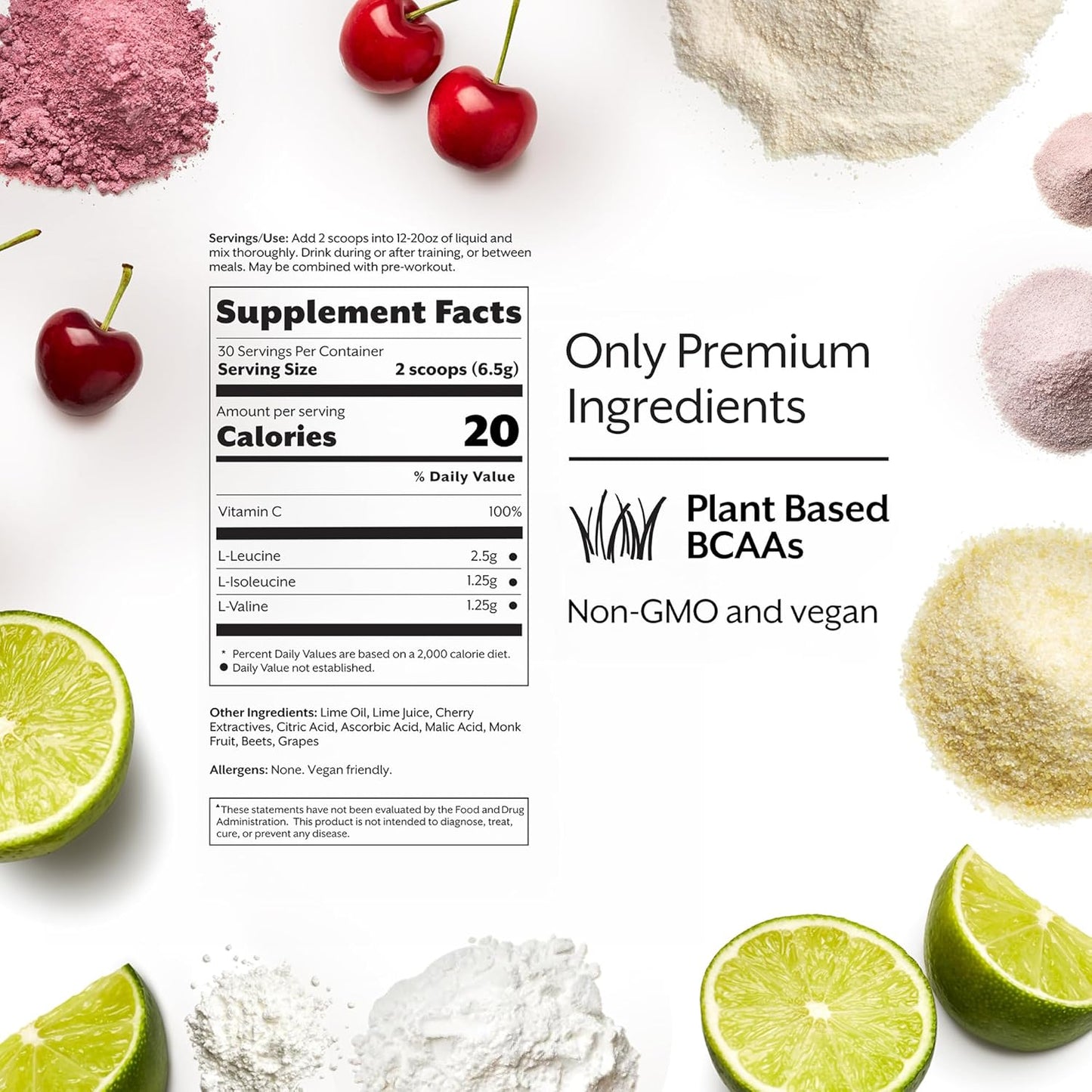 ProMix Nutrition Plant-Based BCAA Post-Workout Powder, Cherry Lime Flavor - Supports Lean Muscle Growth, Recovery, & Endurance - Zero Fat, Sugar, Carbs - Gluten-Free