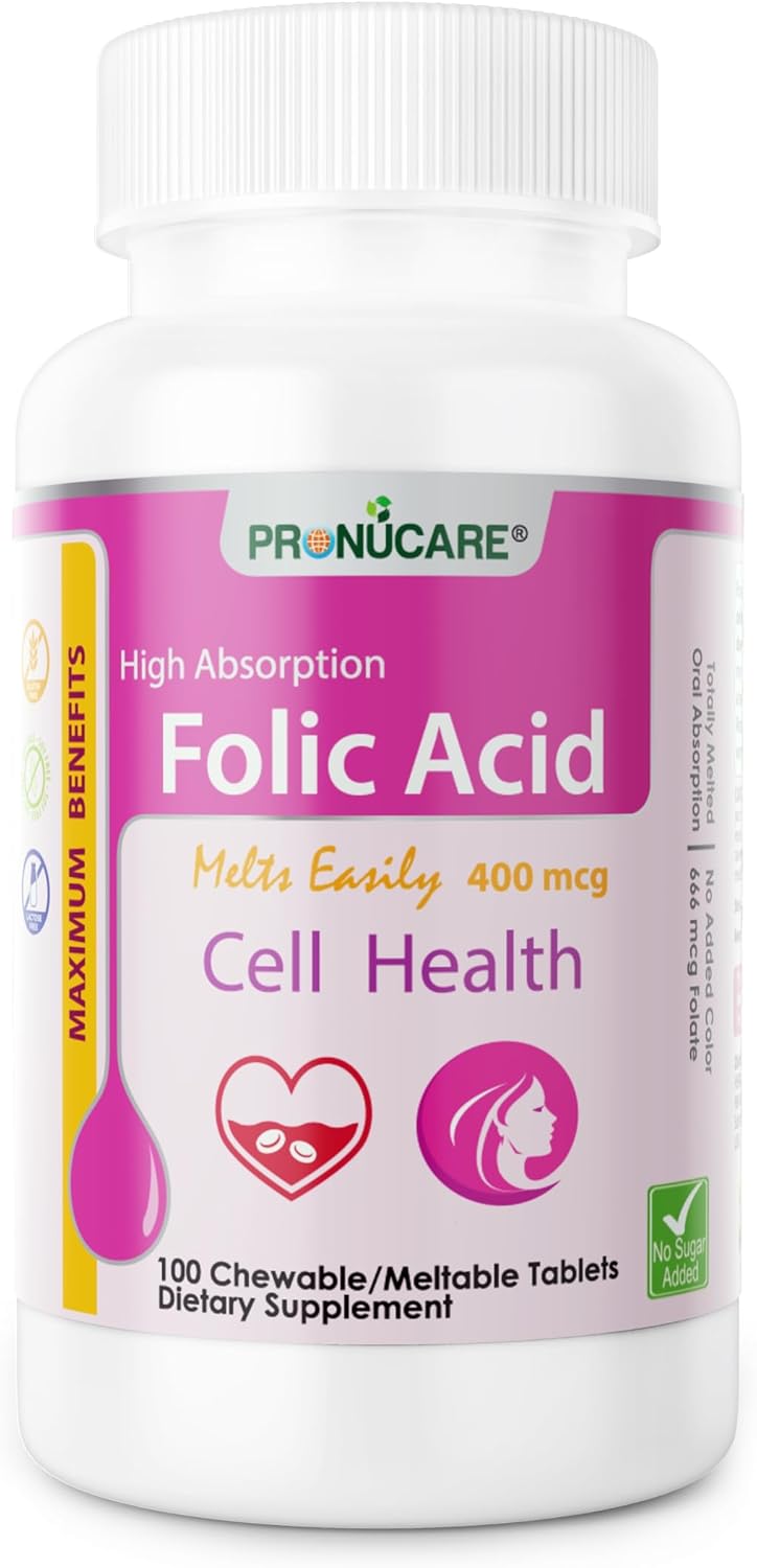 PRONUCARE Folic Acid 400 mcg Chewable Tablets for Women's Health and Prenatal Care - 100 Tablets, Pleasant Taste