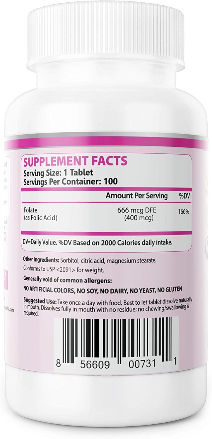 PRONUCARE Folic Acid 400 mcg Chewable Tablets for Women's Health and Prenatal Care - 100 Tablets, Pleasant Taste